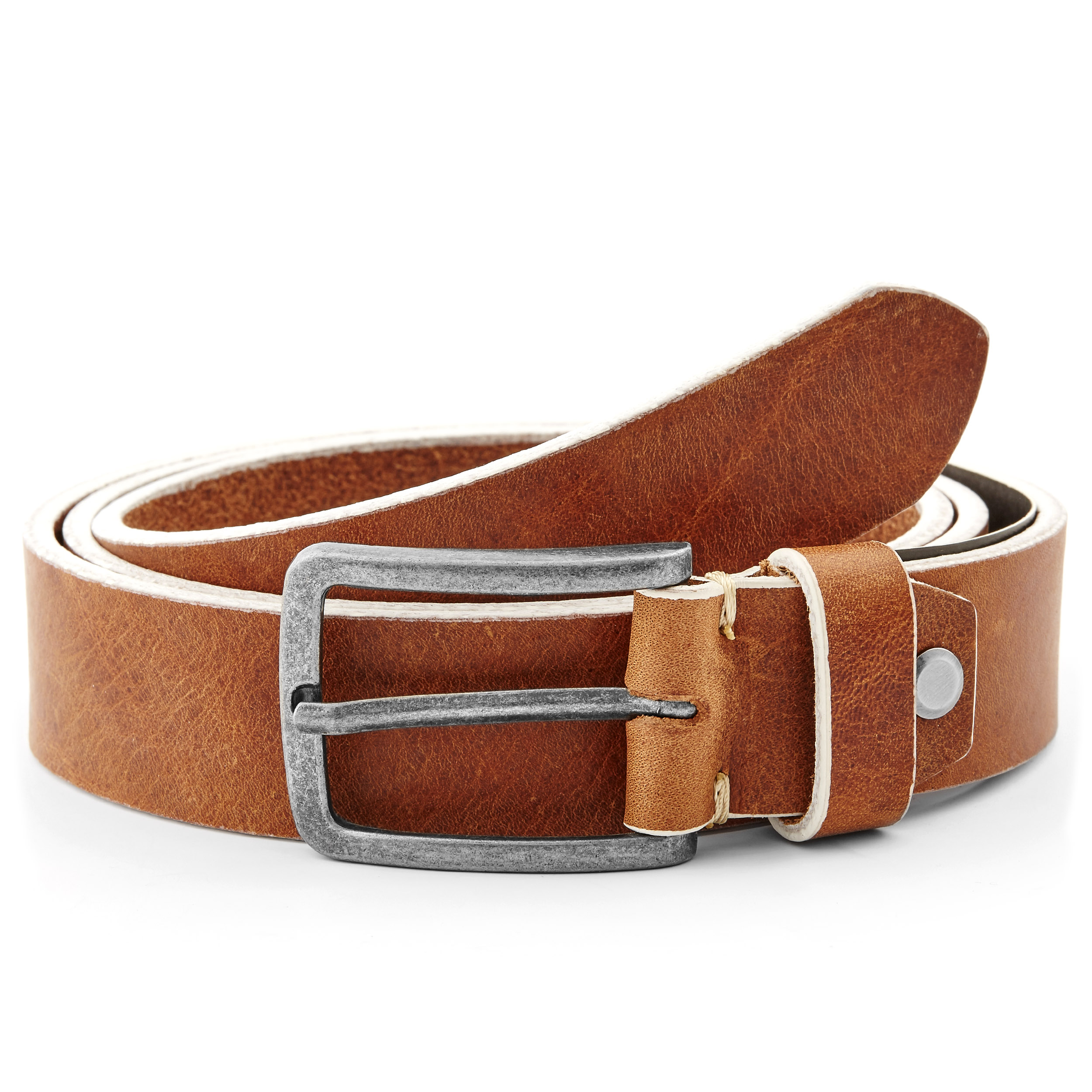Tan White Edged Leather Belt - 1