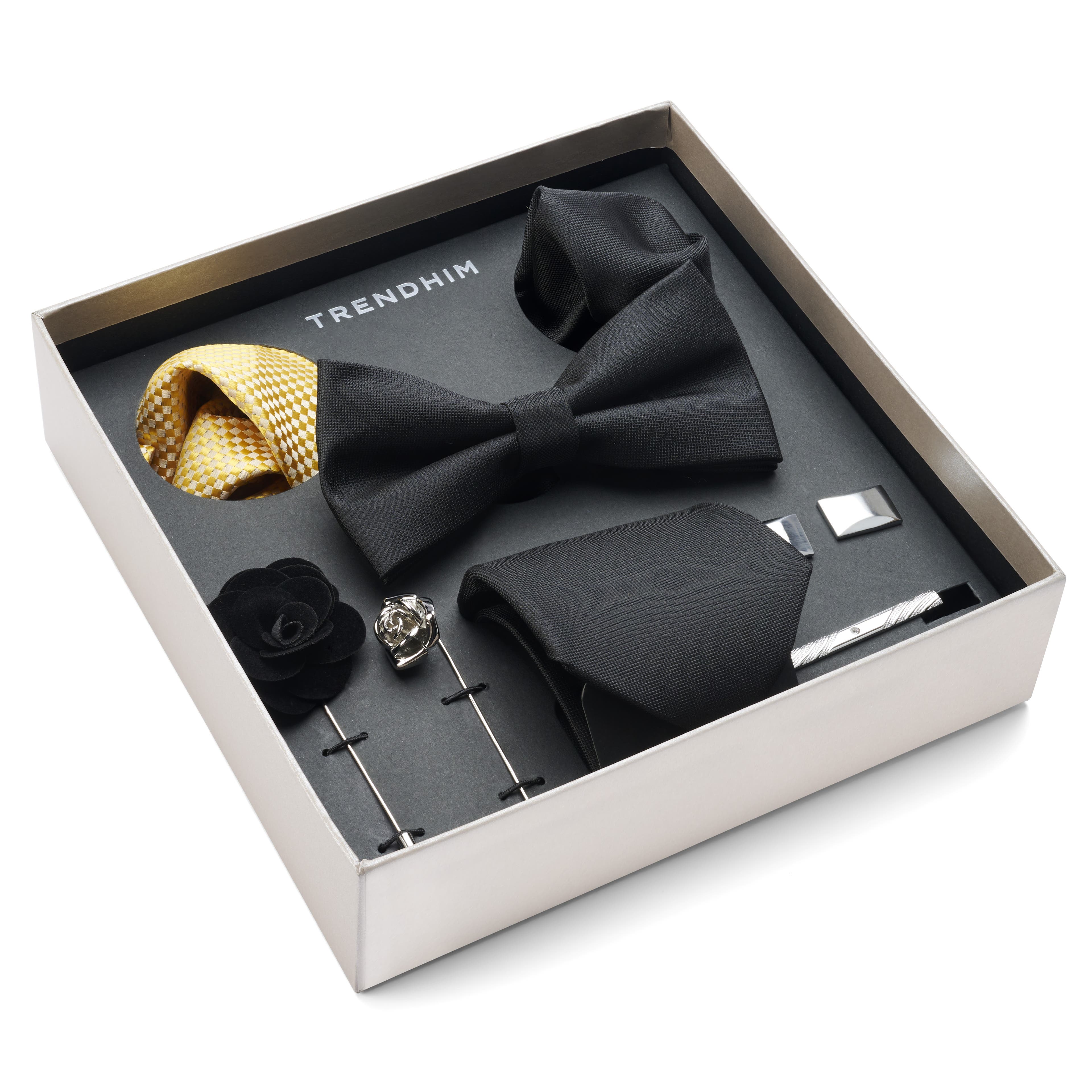 Cutie cadou cu accesorii pentru costum | Set cu negru, galben și argintiu