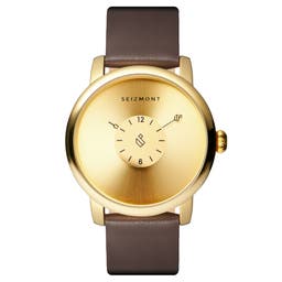 Mezzo | Gold-Tone Minimalist Watch With Gold-Tone Dial & Chocolate Brown Leather Strap