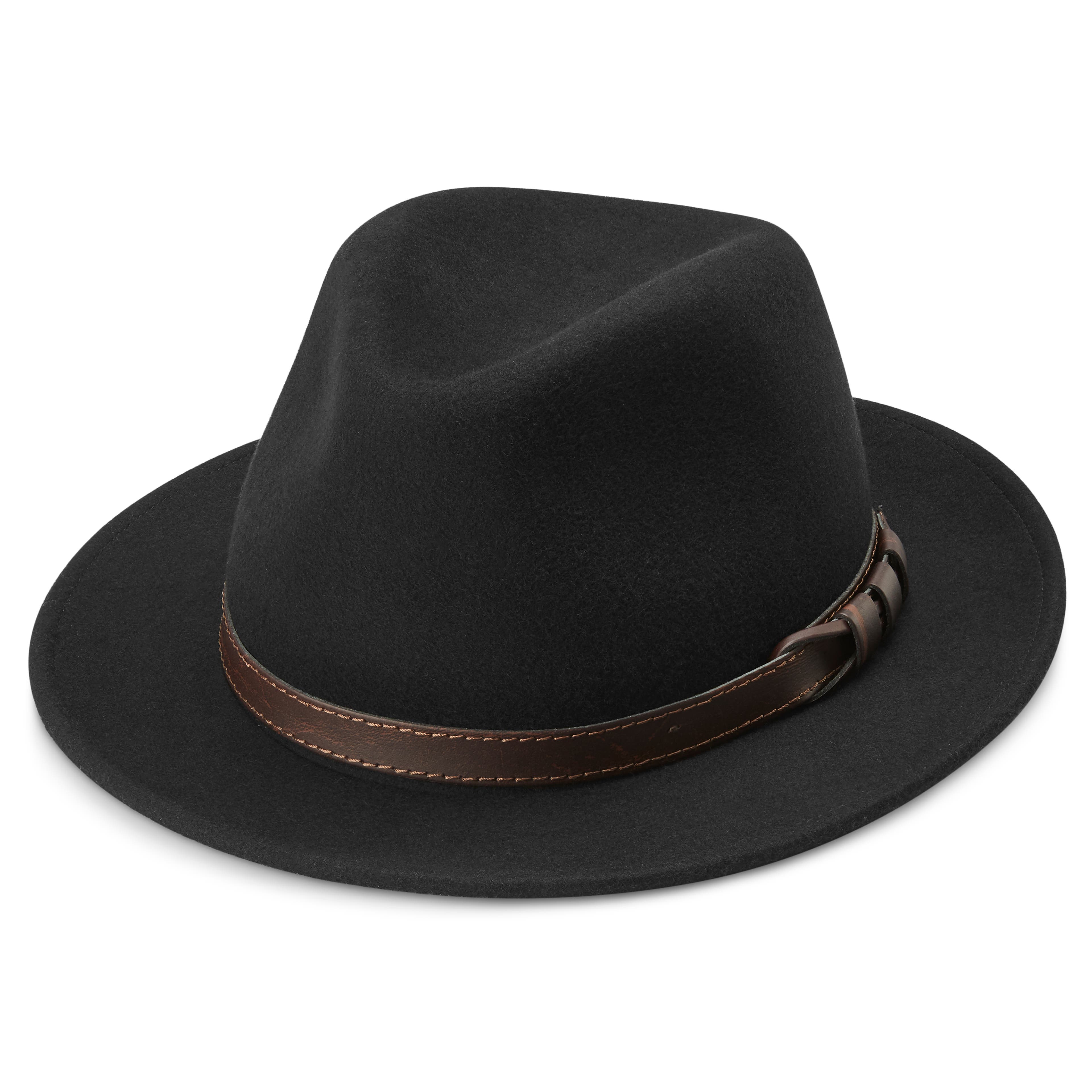 Moda | Black Flat Brim Wool Fedora Hat With Vegan Leather Band
