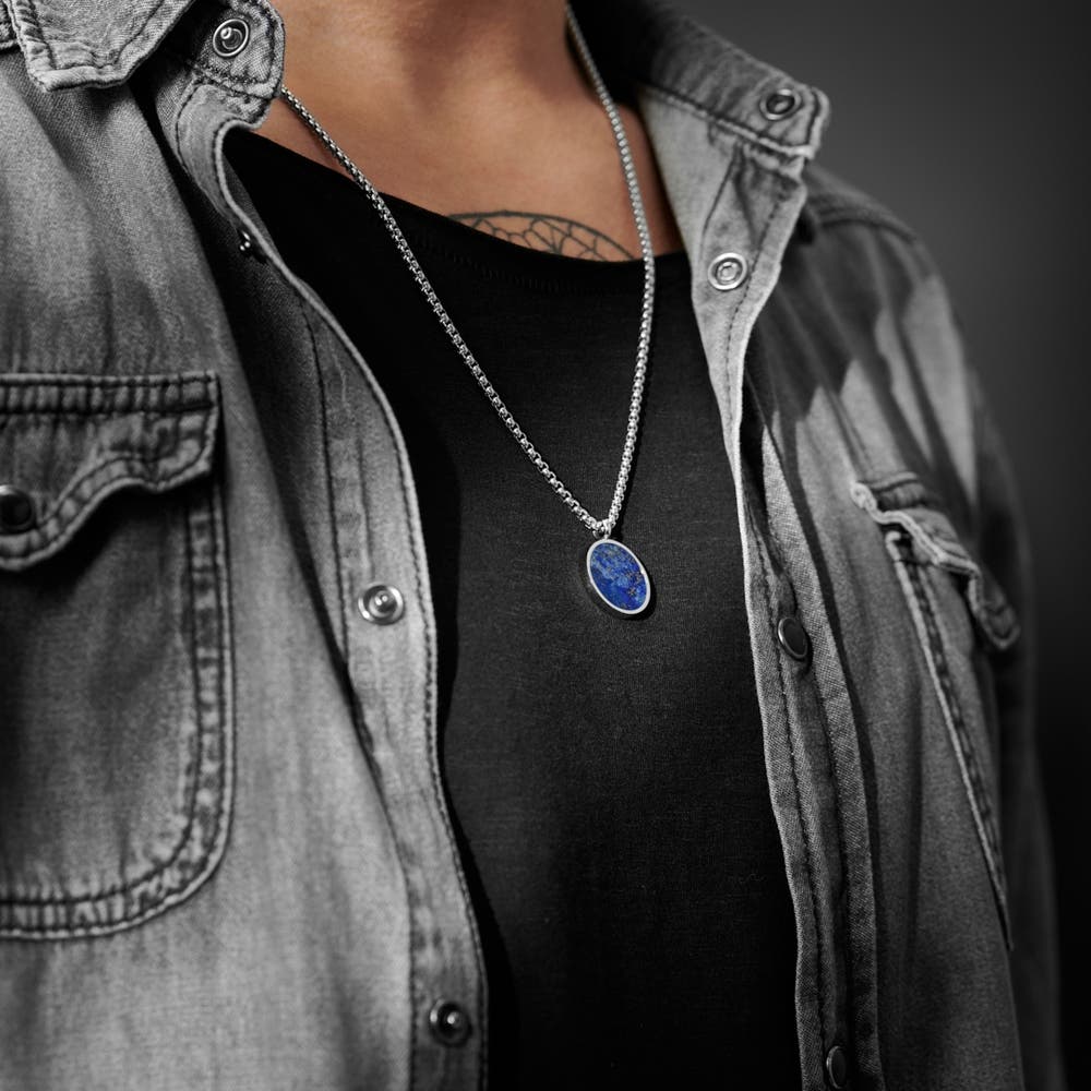 hover: Orisun | Silver-Tone Stainless Steel Lapis Lazuli Round Pendant Necklace hover: Orisun | Silver-Tone Stainless Steel Lapis Lazuli Round Pendant Necklace