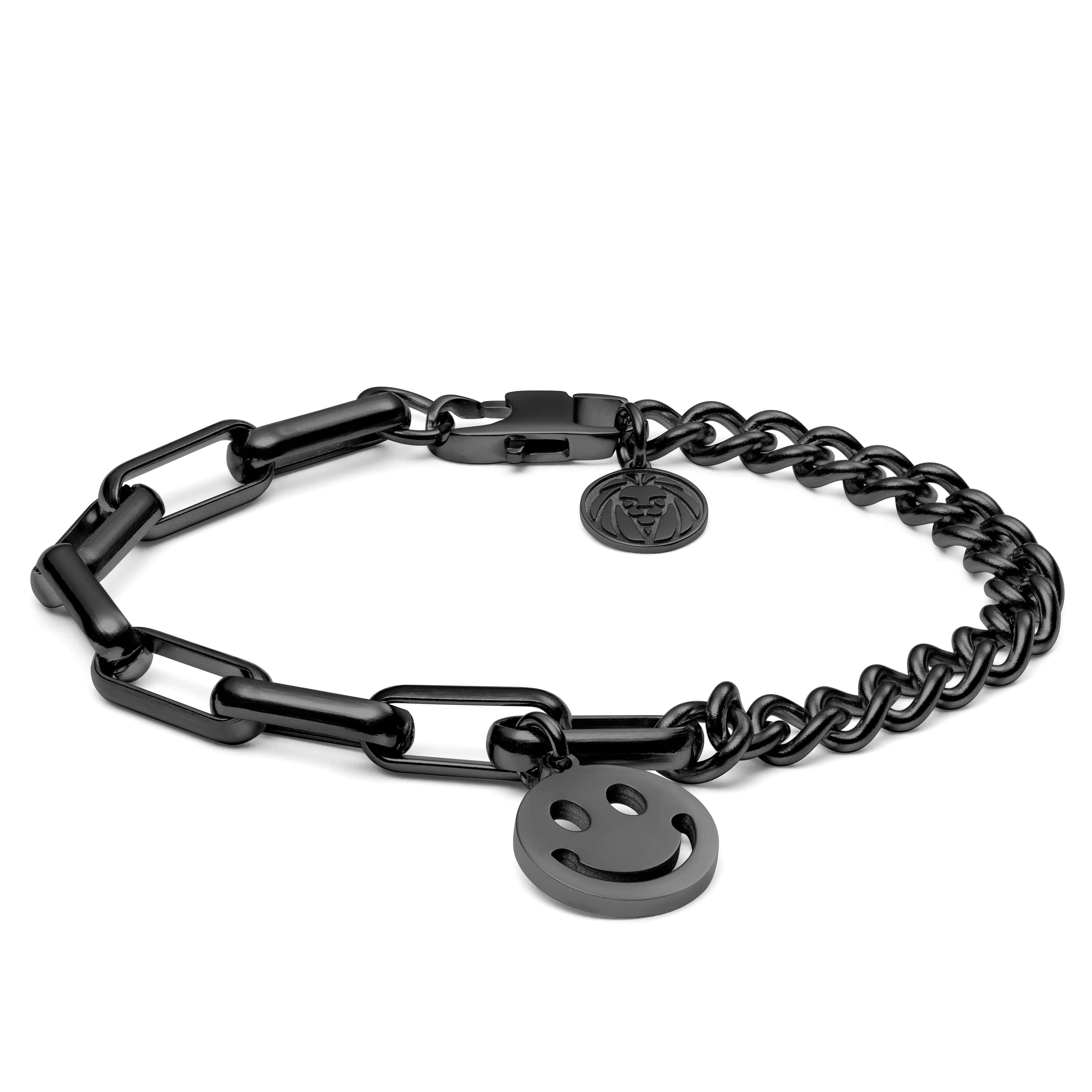 Clarke Amager Gunmetal Curb & Cable Chain Bracelet with Smiley Pendant