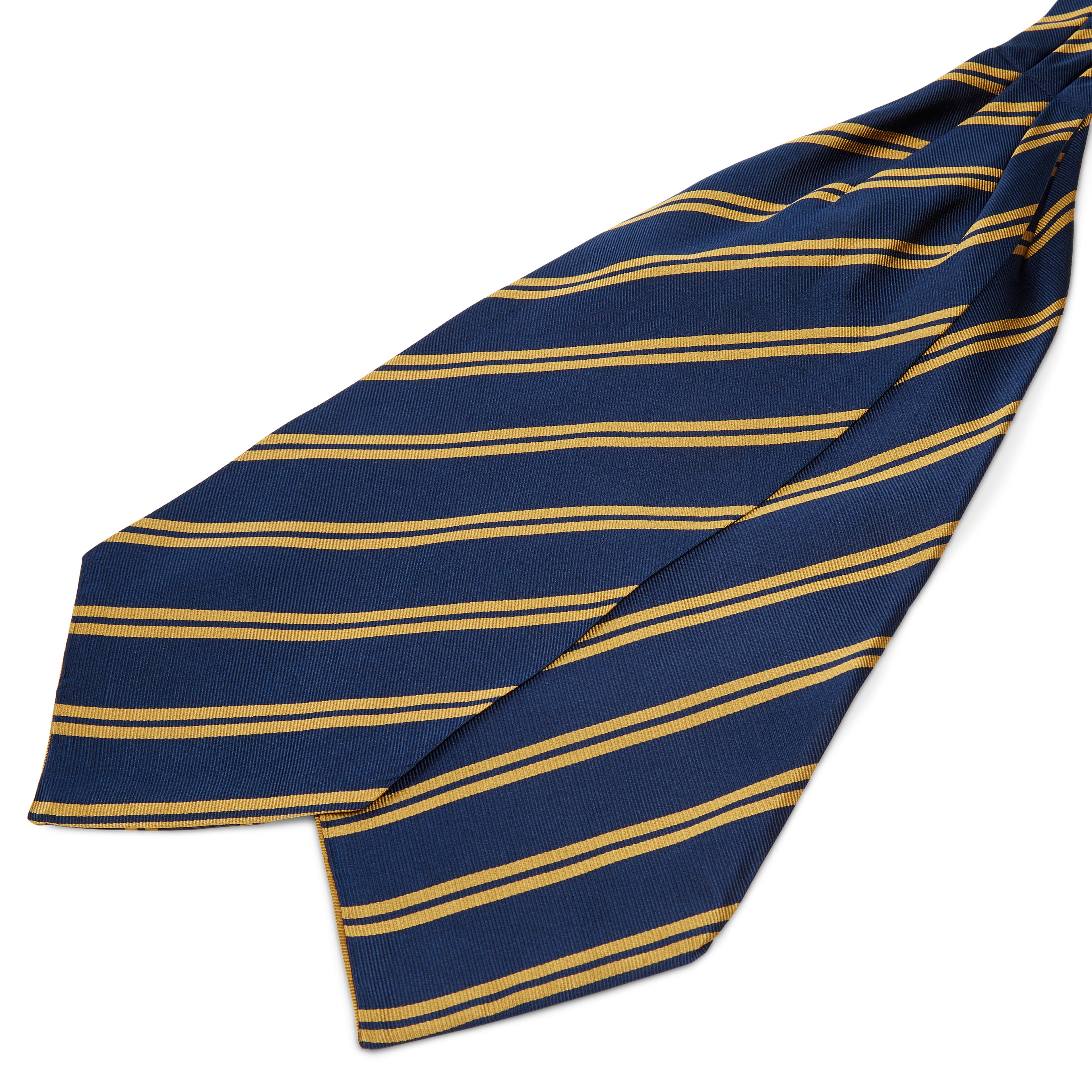 Cravatta ascot in seta blu navy con doppie righe dorate