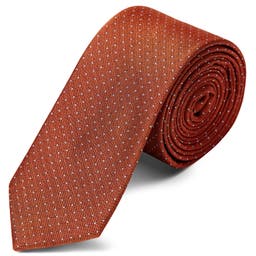 Fényes barna selyem nyakkendő fehér pöttyös mintával - 6 cm