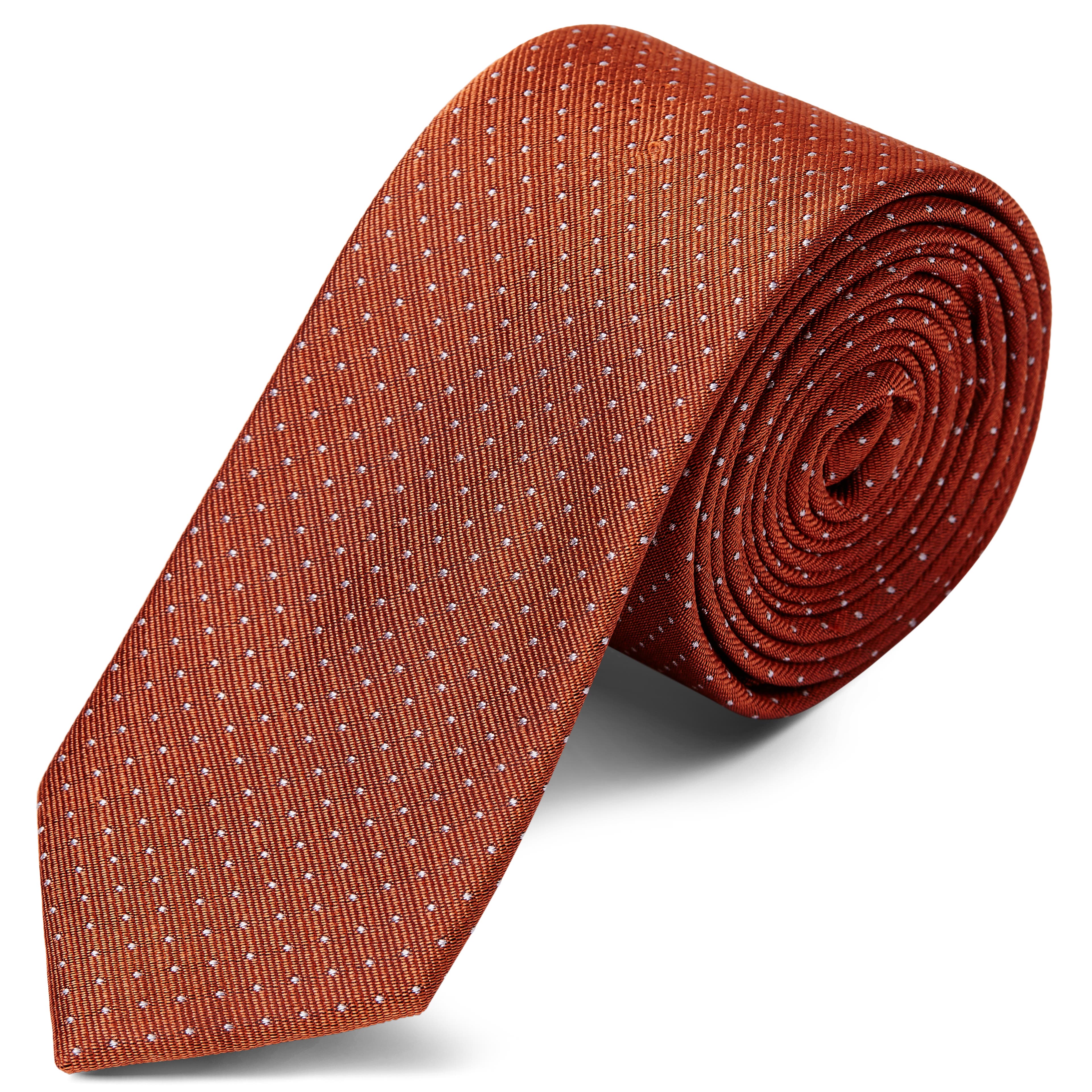 Hodvábna 6 cm leštená hnedá kravata s bielymi bodkami
