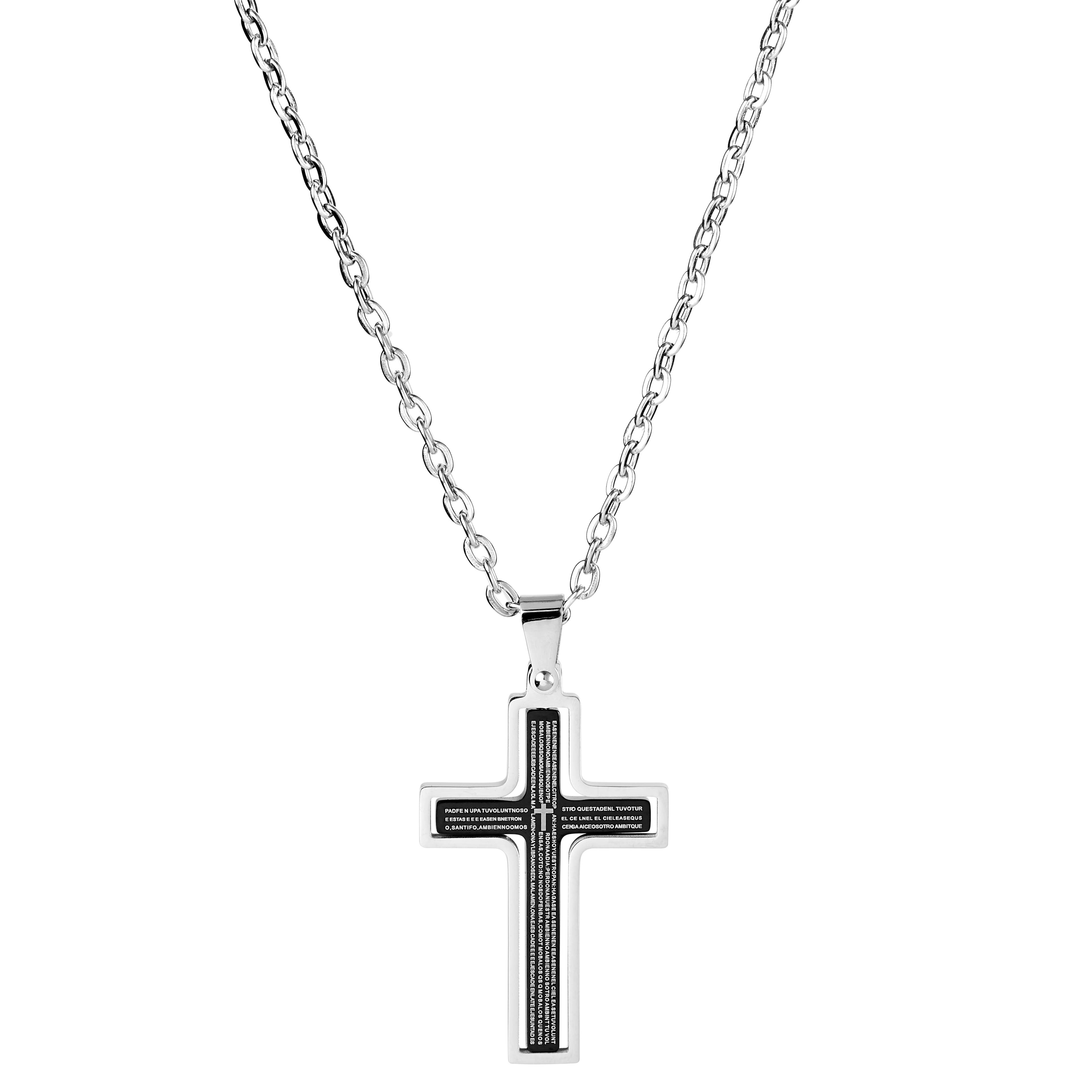 Silver-Tone & Black Stainless Steel Revolving Cross Cable Chain Necklace