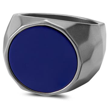 Jax | Silver-Tone Stainless Steel With Navy Blue Stone Signet Ring