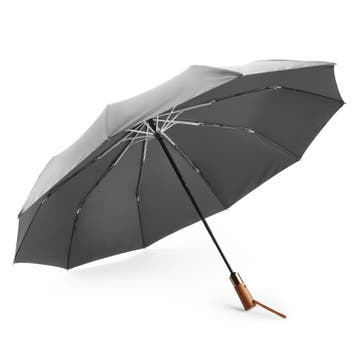 Parapluie pliant automatique | Gris | Poignée en bois