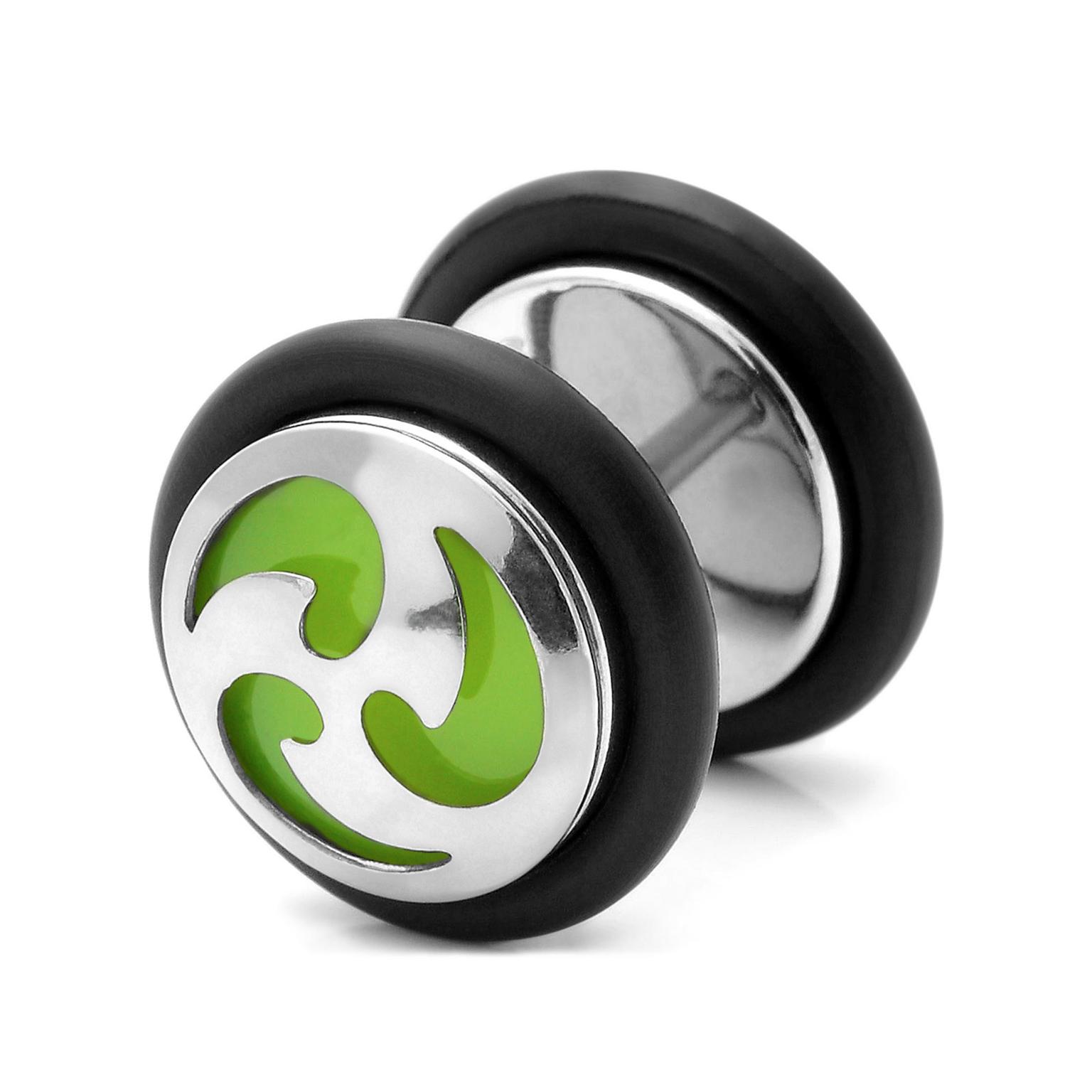 Sentio | Cercel argintiu cu verde din oțel inoxidabil cu șurub și modele tribale Sentio | Cercel argintiu cu verde din oțel inoxidabil cu șurub și modele tribale