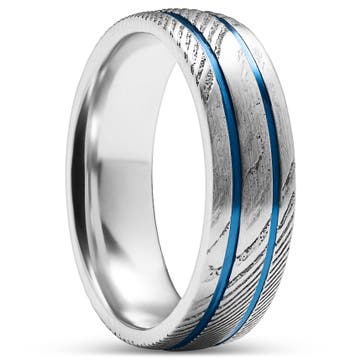 Fortis | 7 mm Silver-Tone & Blue Damascus Steel With Titanium Inlay Grooved Ring