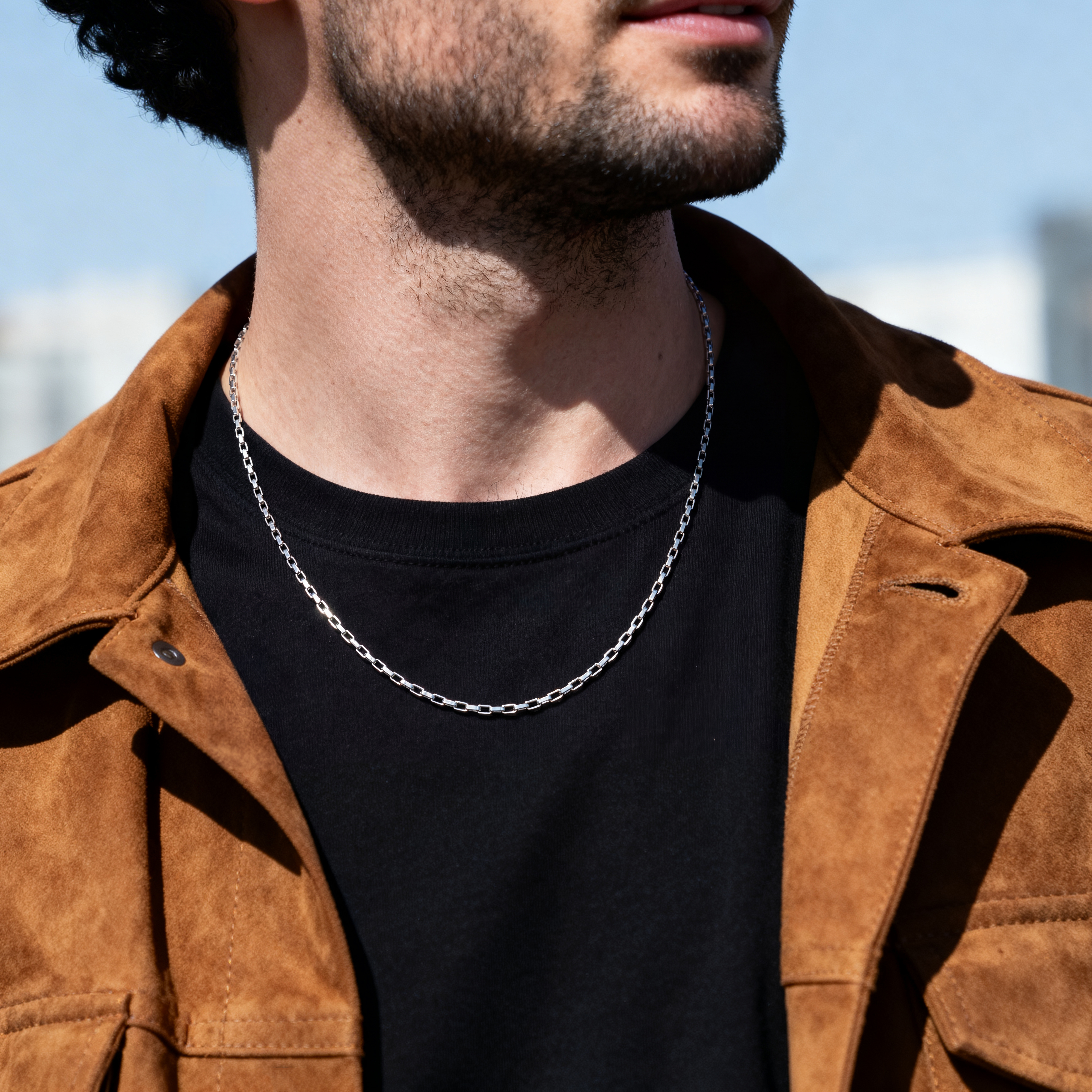 New Classics | 3 mm silberfarbene Edelstahl Halskette mit rechteckiger Ankerkette - 3