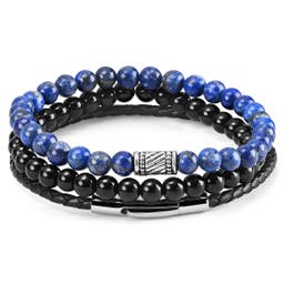 Blue & Black Natural Stone & Leather Bracelet Set