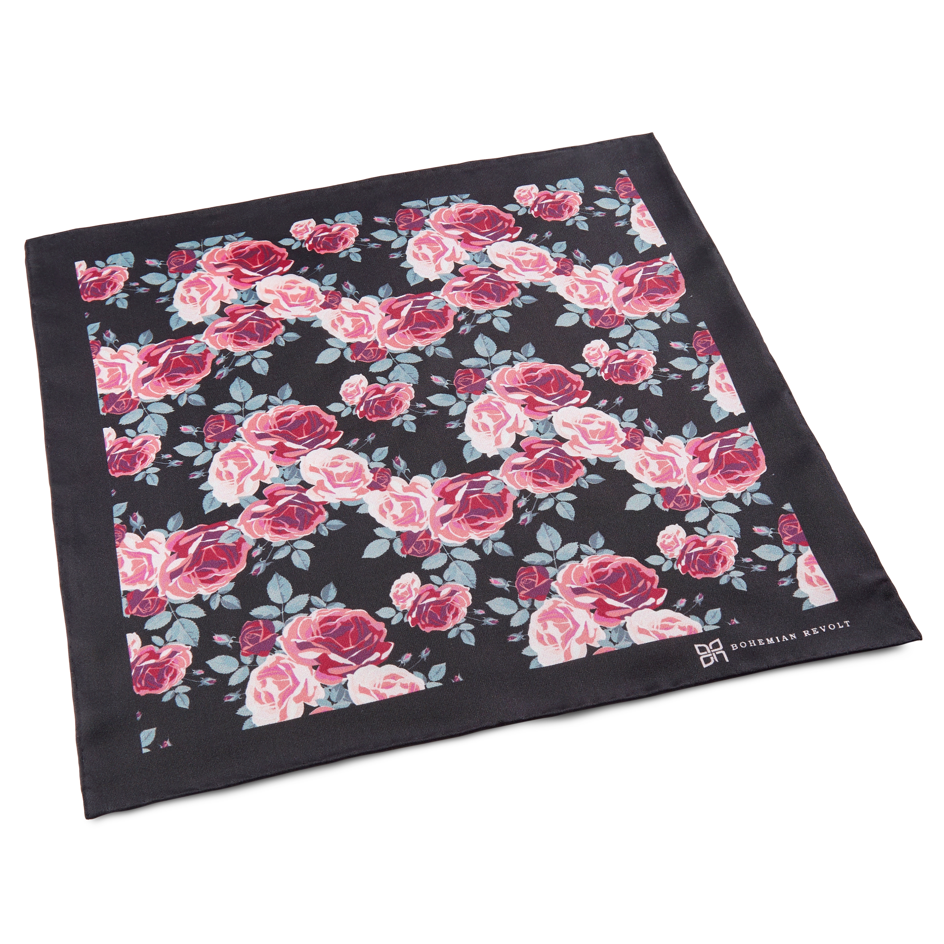 Boho | Black & Pink Roses Pattern Silk Pocket Square - 2