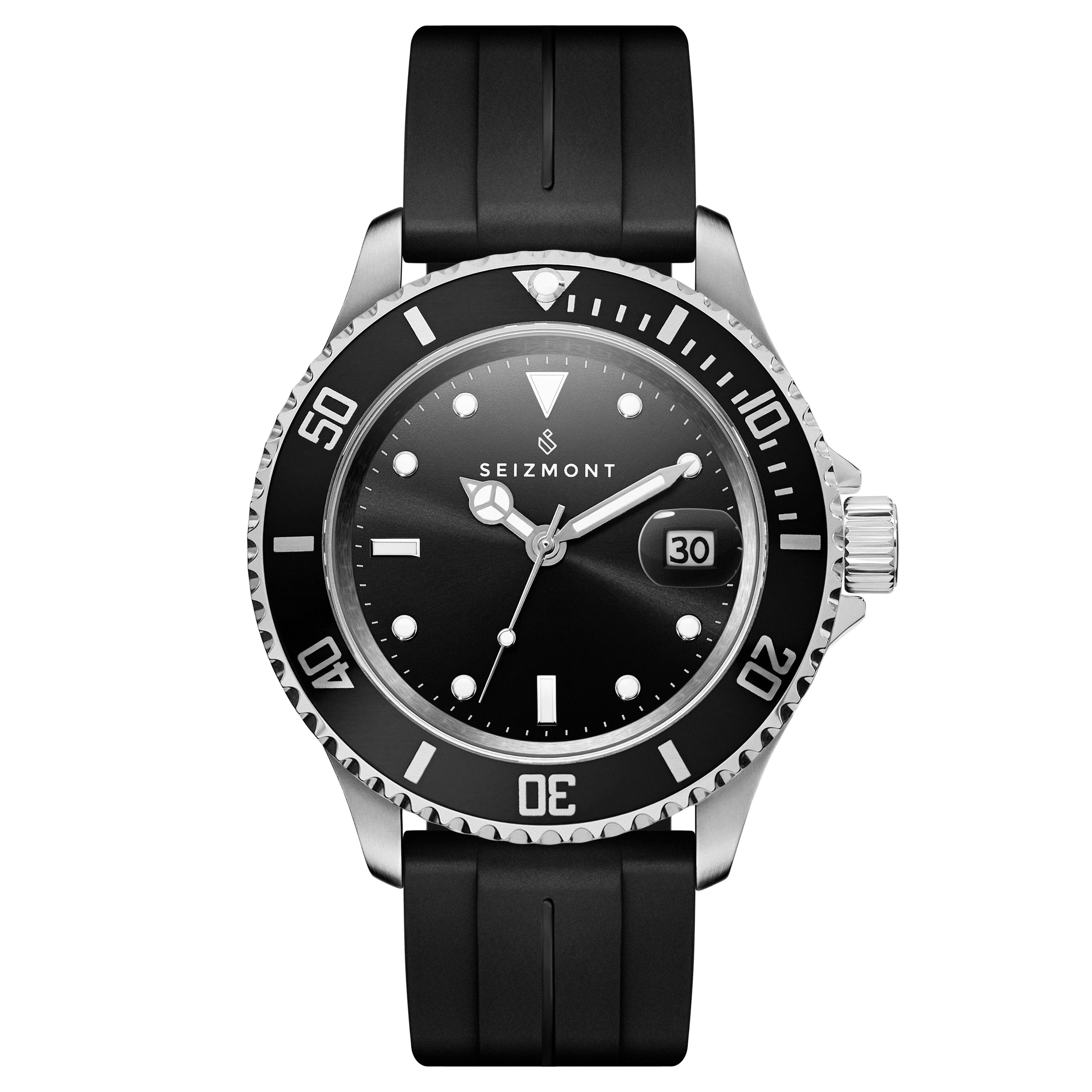 Tide II | Hopeanvärinen Teräksinen Kvartsi Sukelluskello Mustalla Kellotaululla ja Mustalla Kumirannekkeella & Syklopilla - 1