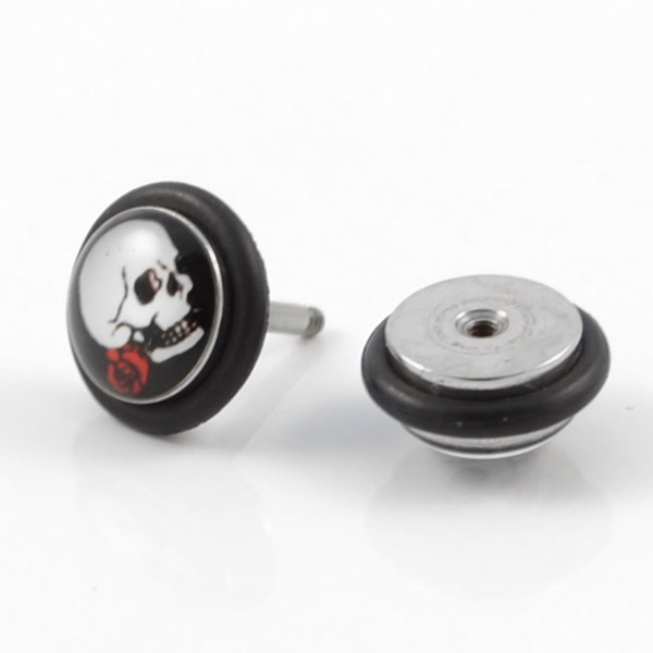 Σκουλαρίκι Καρφί Νεκροκεφαλή με Τριαντάφυλλο - 2