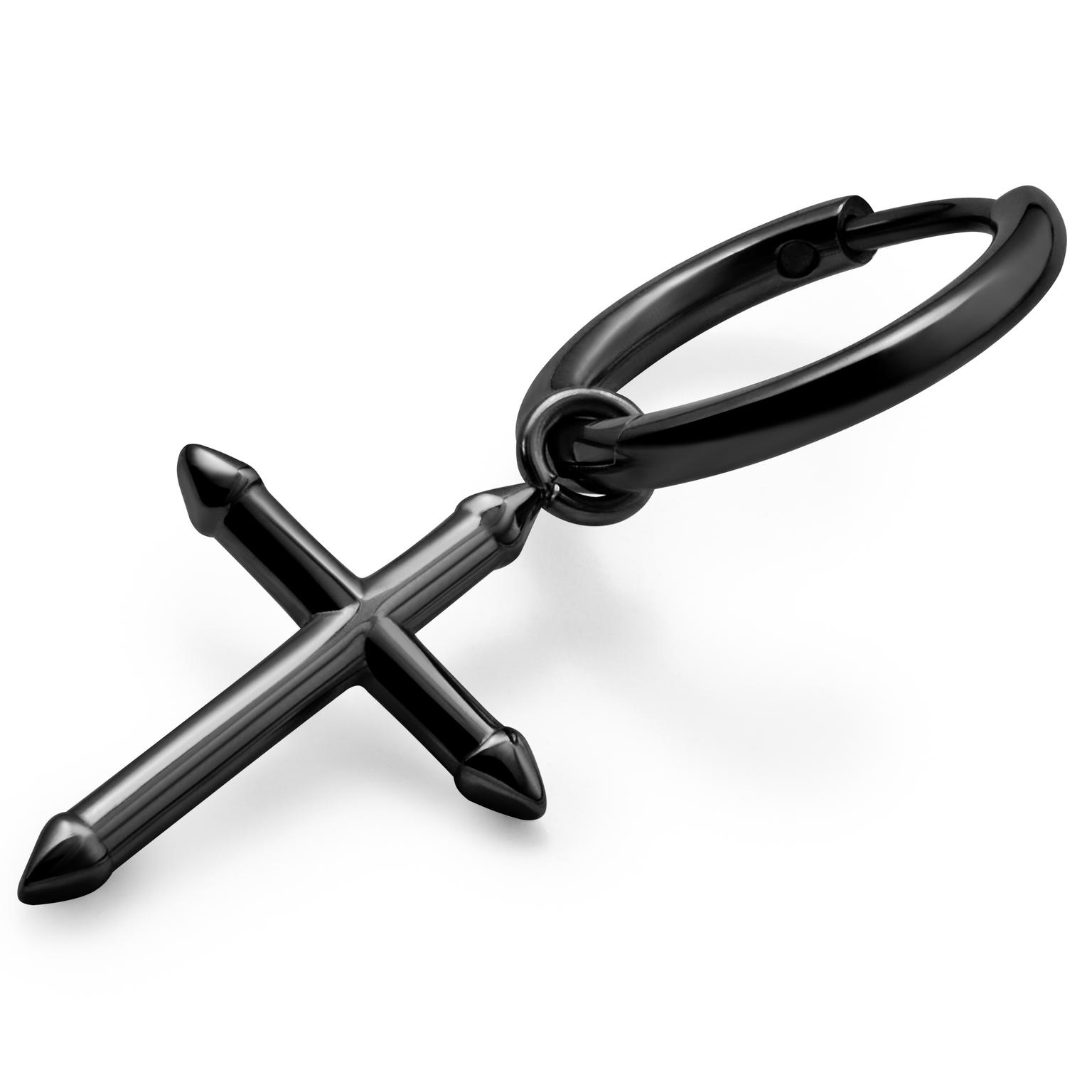 Vasilios Black Hoop Earring with Pointed Cross Pendant Vasilios Black Hoop Earring with Pointed Cross Pendant