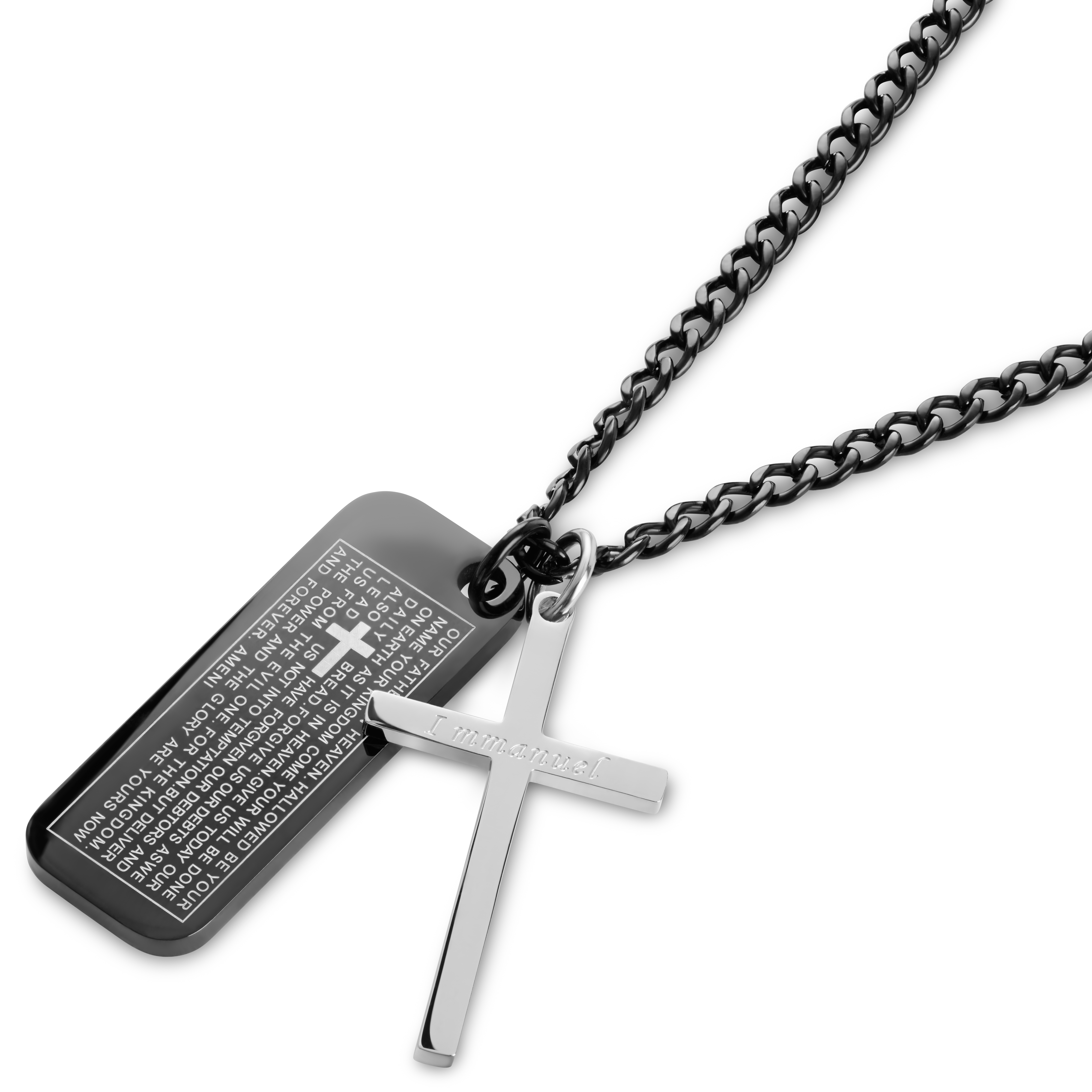Icarus | Black & Silver-Tone Stainless Steel Dog Tag & Cross Curb Chain Necklace - 6