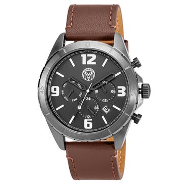 Alton | Gunmetal Chronograph Watch With Black Dial & Brown Leather Strap