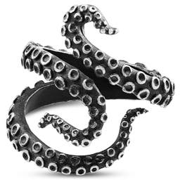 Anillo con tentáculos de pulpo en acero y negro