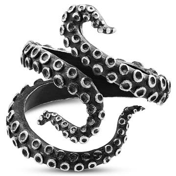 Anello in acciaio con tentacolo di polpo nero