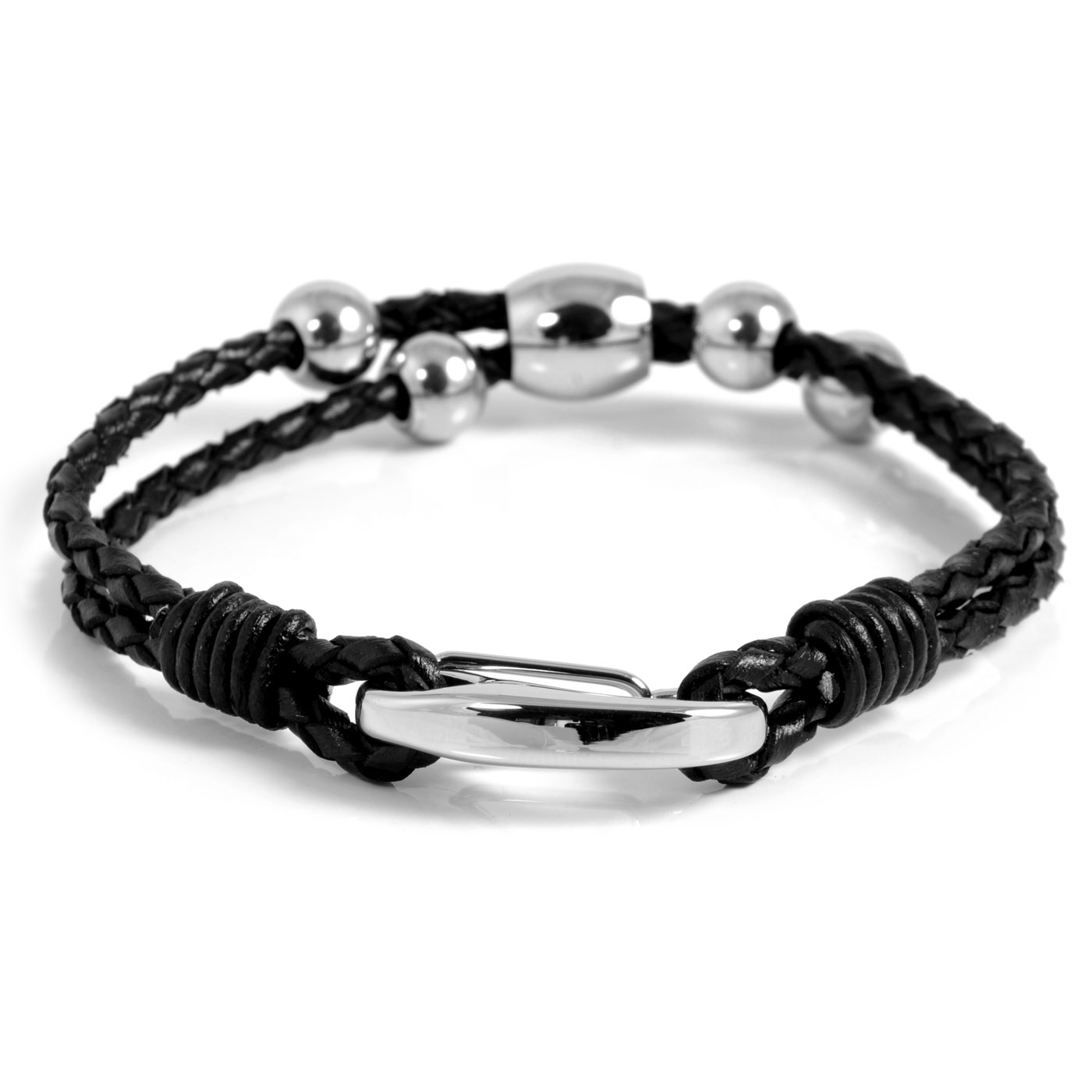 Schwarzes Armband aus Rindsleder und Edelstahl Toyha - 3