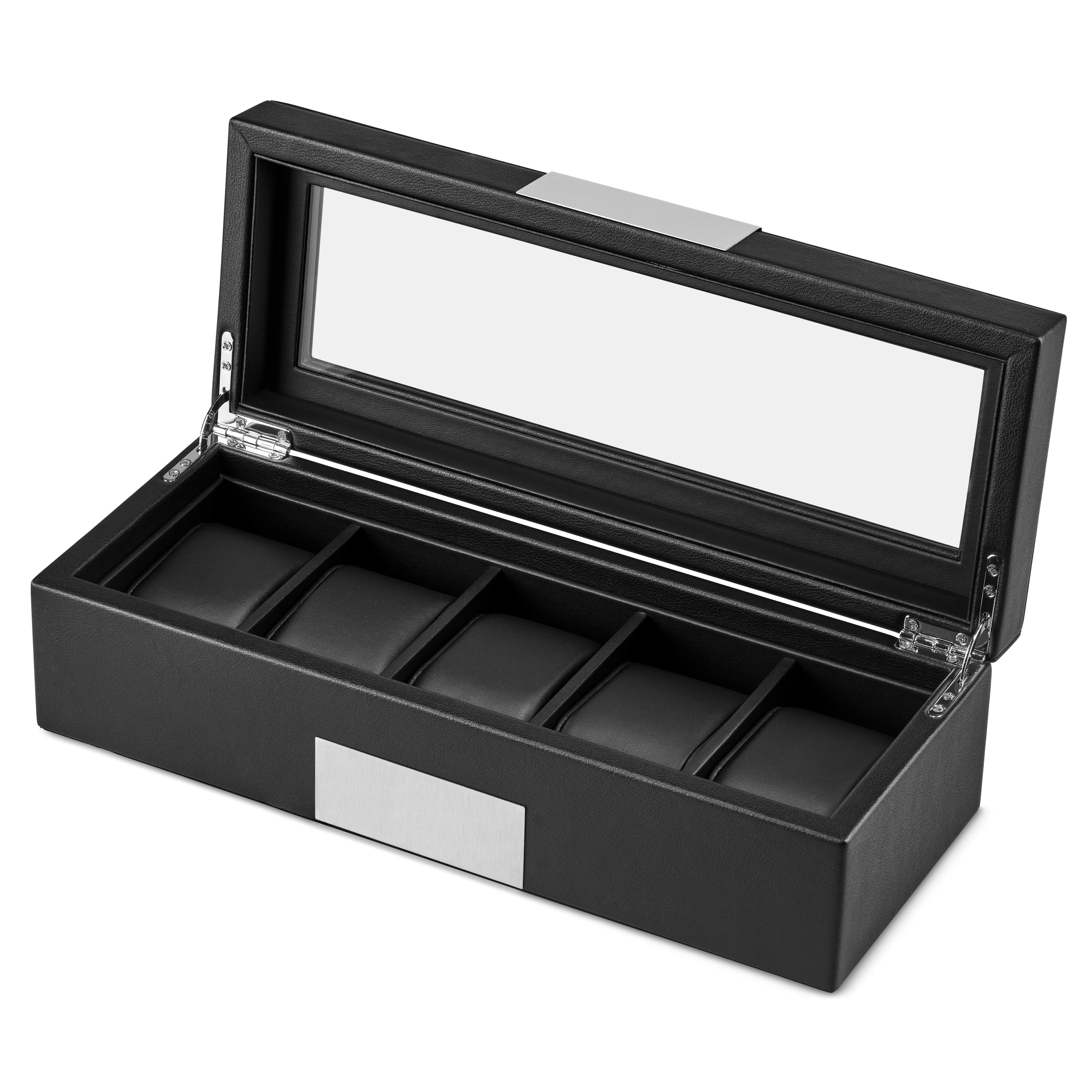 Uhren-Präsentationsbox aus schwarzem Kunstleder mit 5 Fächern | Auf Lager!