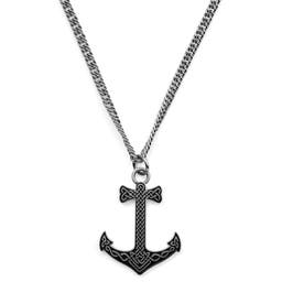 Silver-Tone & Black Stainless Steel Viking Anchor Wheat Chain Necklace
