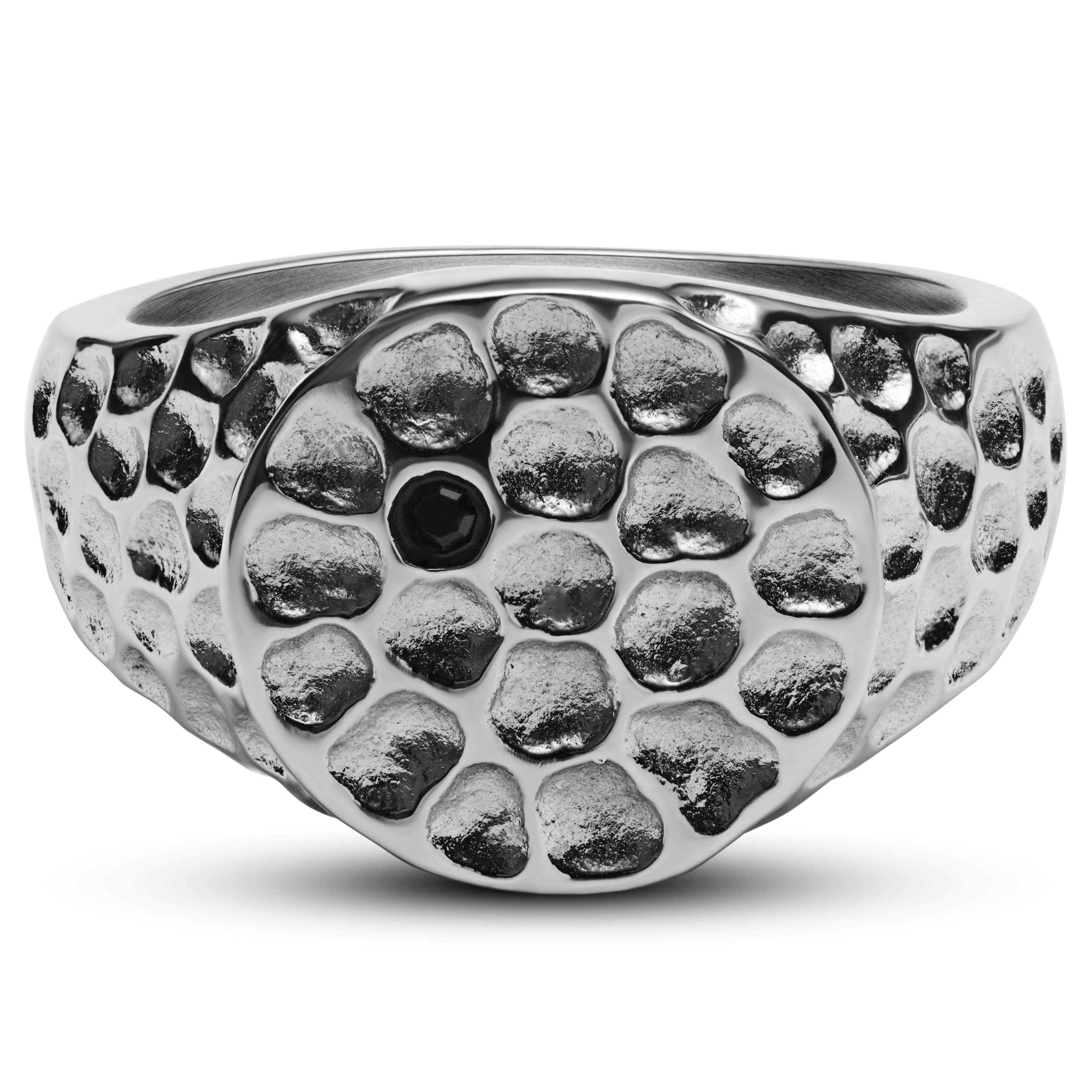 Orphic | Anello con sigillo in acciaio inossidabile martellato con zirconia nera - 5