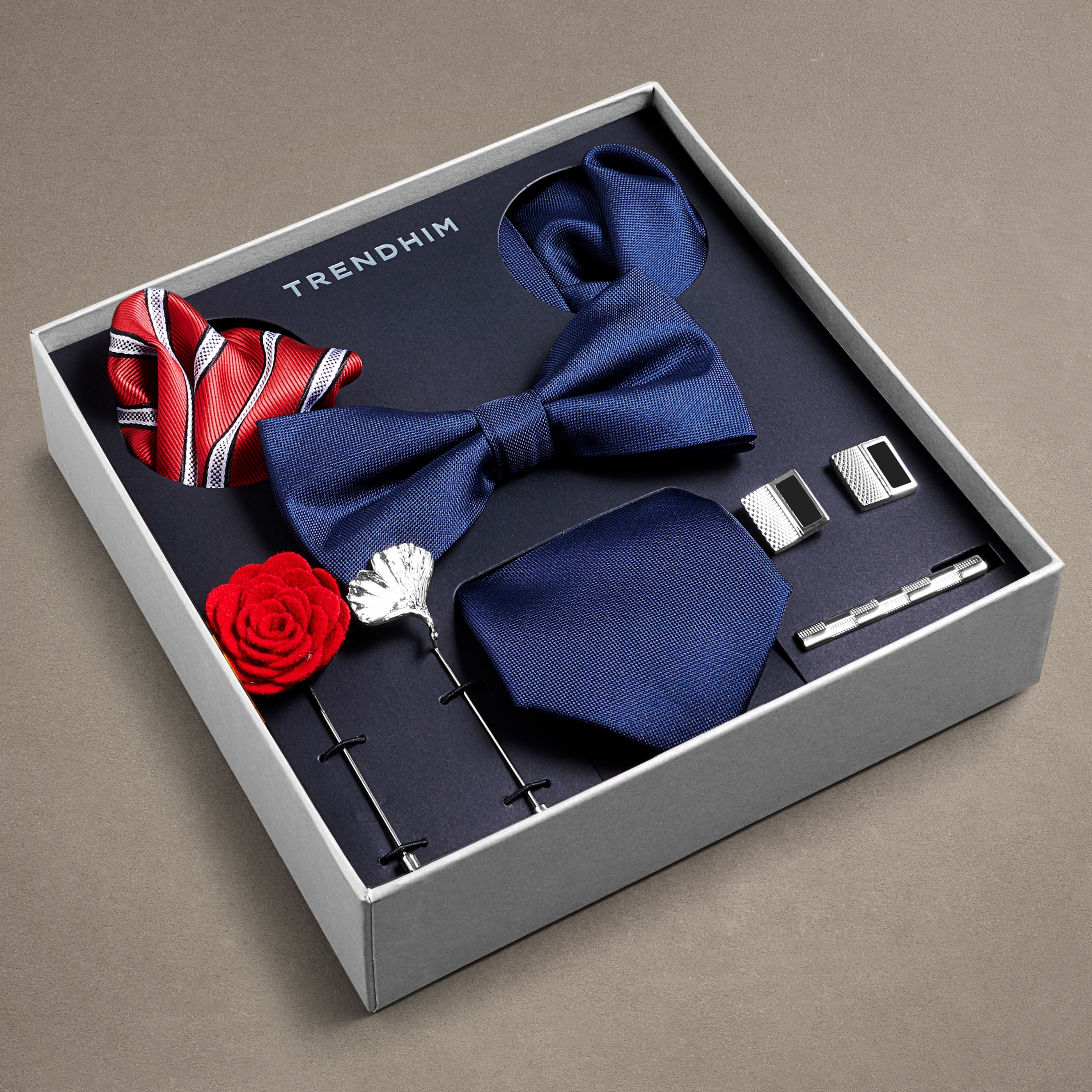 Suit Accessory Gift Box | Navy Blue, Red & Silver-Tone Set - 3