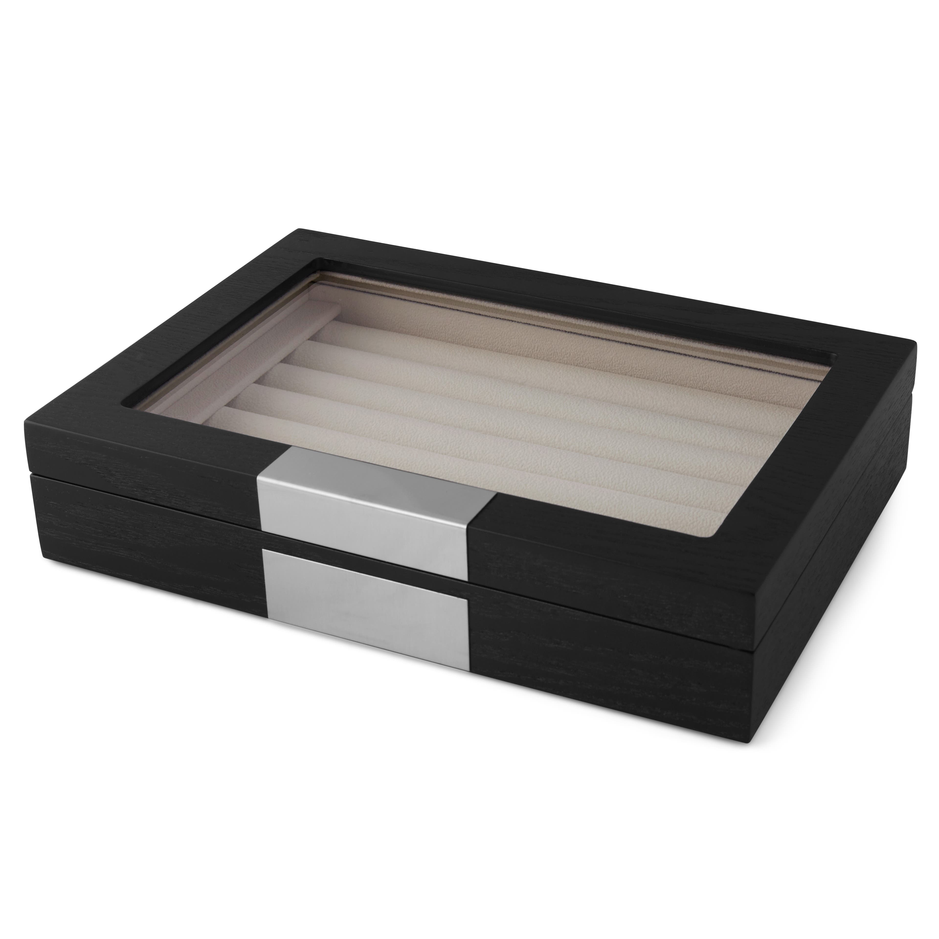 Čierny drevený box na manžetové gombíky a prstene 