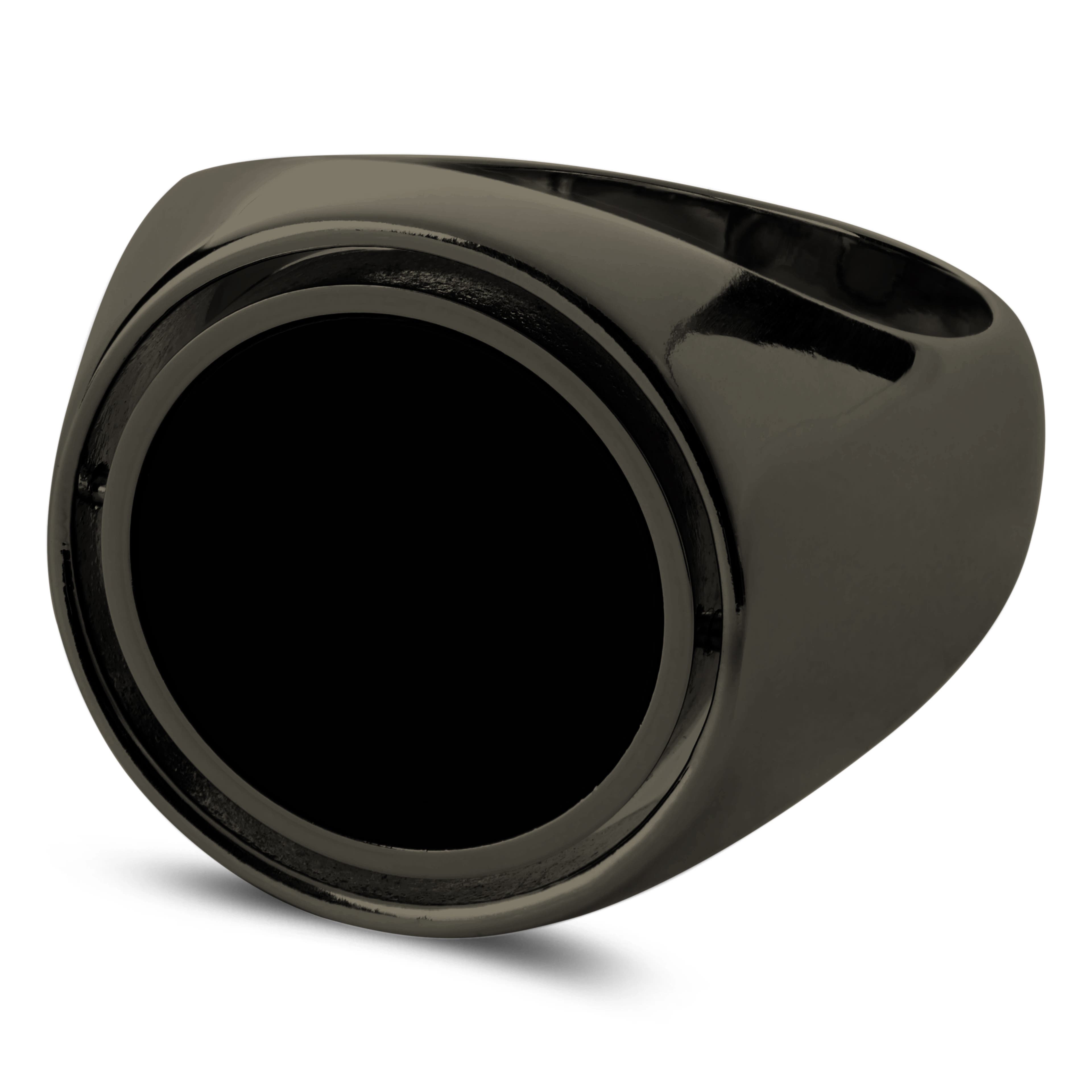 Makt | Rotating Gunmetal Black Stainless Steel And Black Onyx Signet Ring