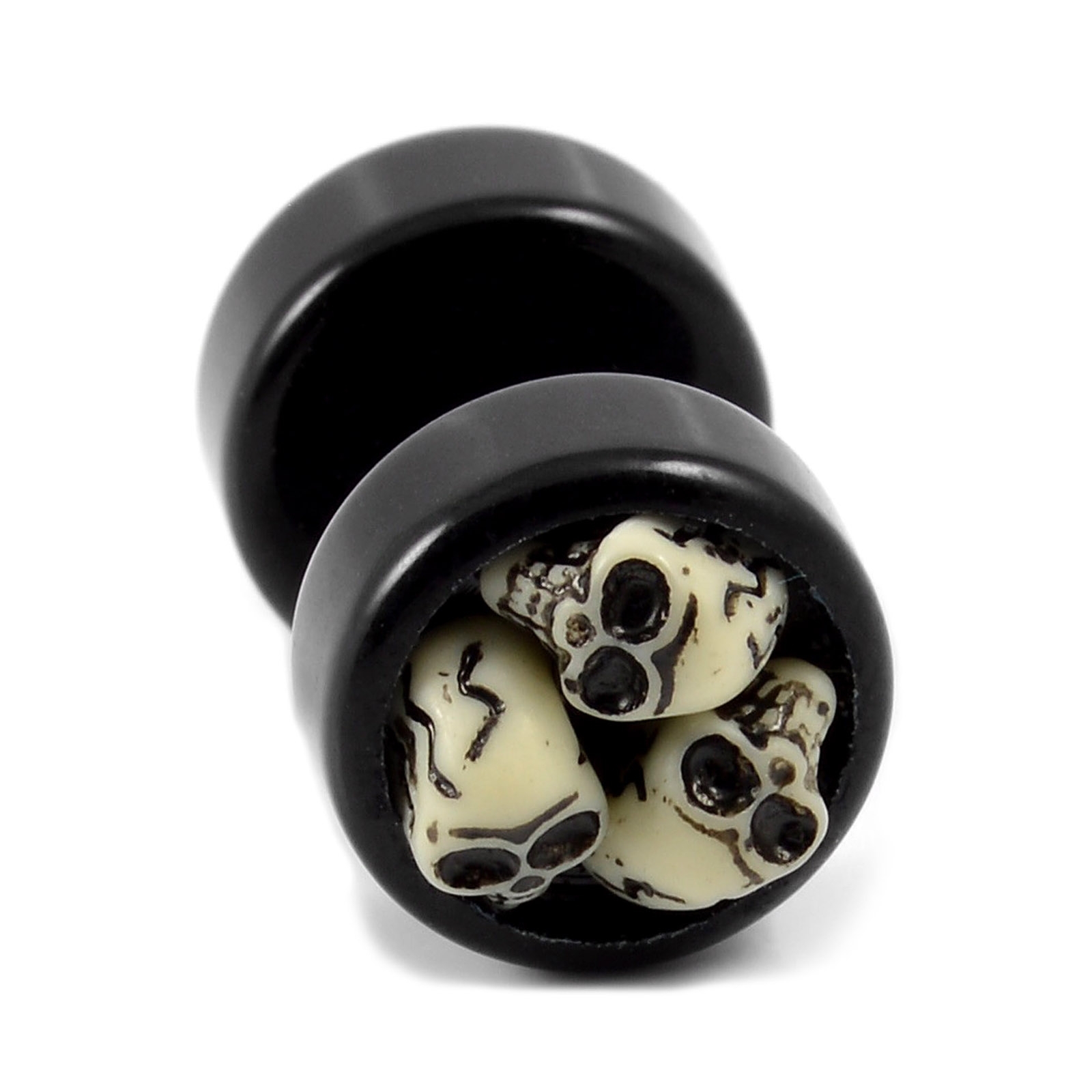 Satago | 9 mm Fake Plug Oorbel met Schedels in Zwart en Wit Acryl en Roestvrij Staal - 2