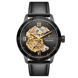 Dante II | Złocisto-czarny zegarek z widocznym mechanizmem i paskiem skórzanym