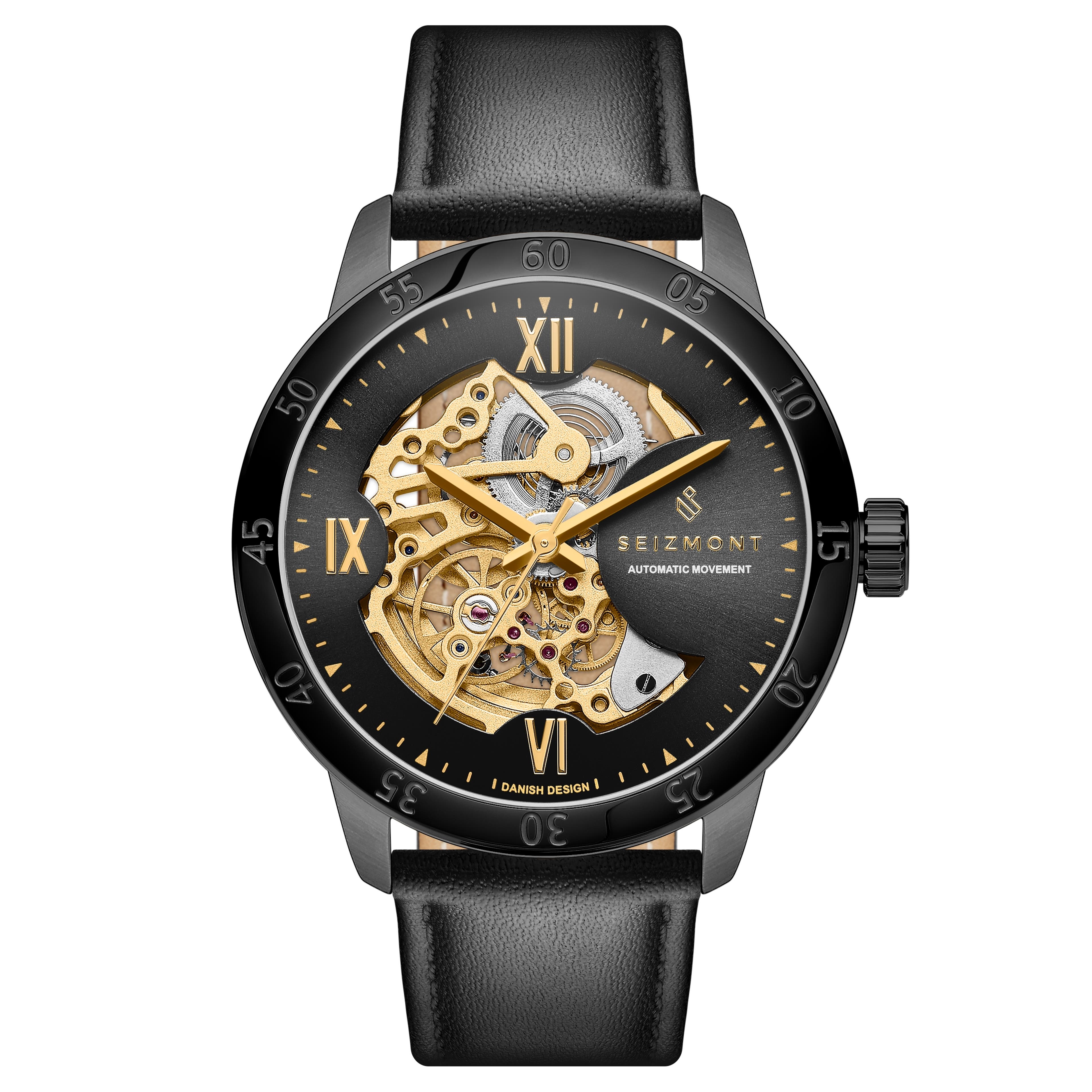 Dante II | Złocisto-czarny zegarek z widocznym mechanizmem i paskiem skórzanym