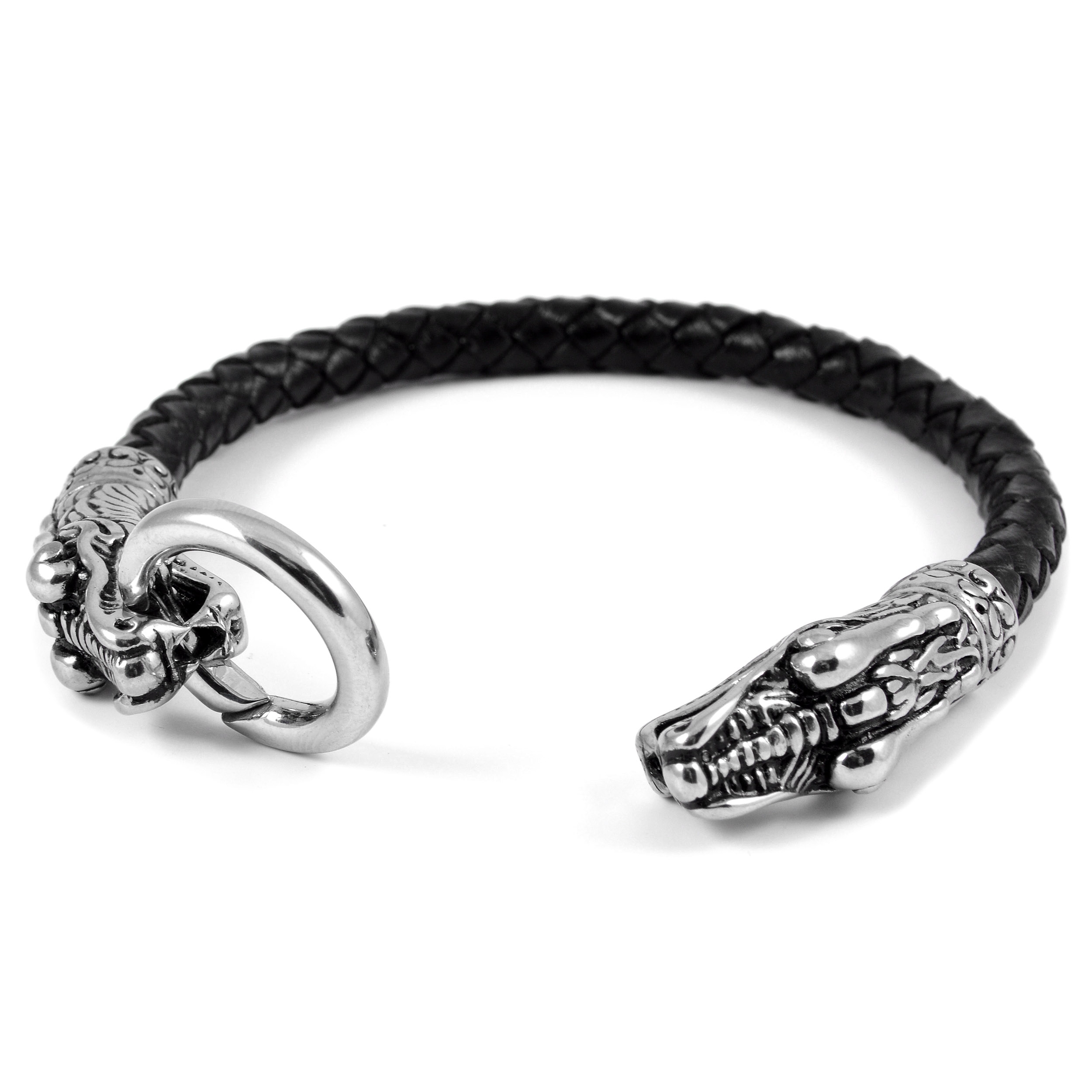 Black Braided Leather Rope & Steel Snake Head Bracelet - 2