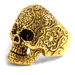 Anel Caveira de Esqueleto Dourado em Aço