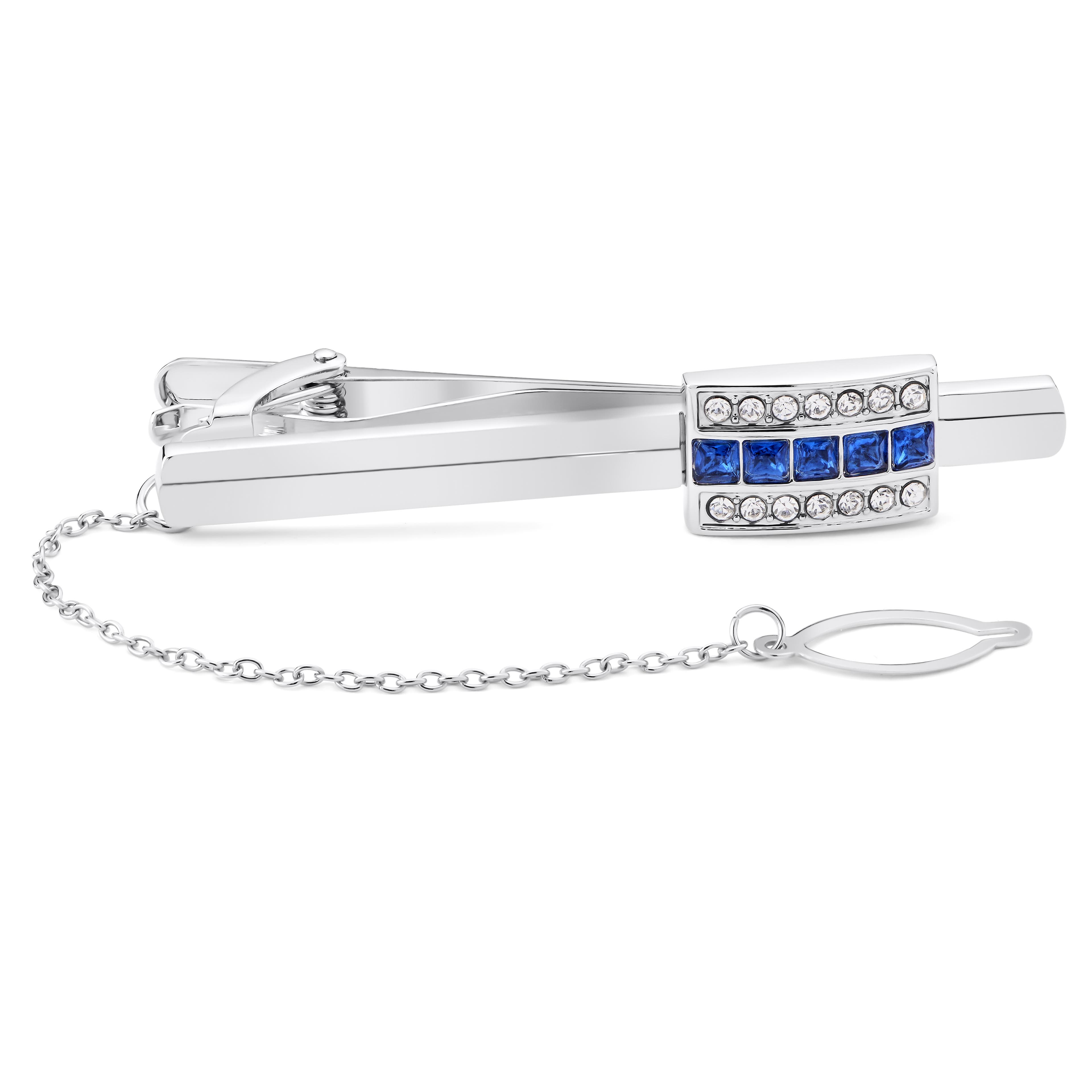 Novelle | Silver-Tone Tie Bar with Blue & Clear Zirconia