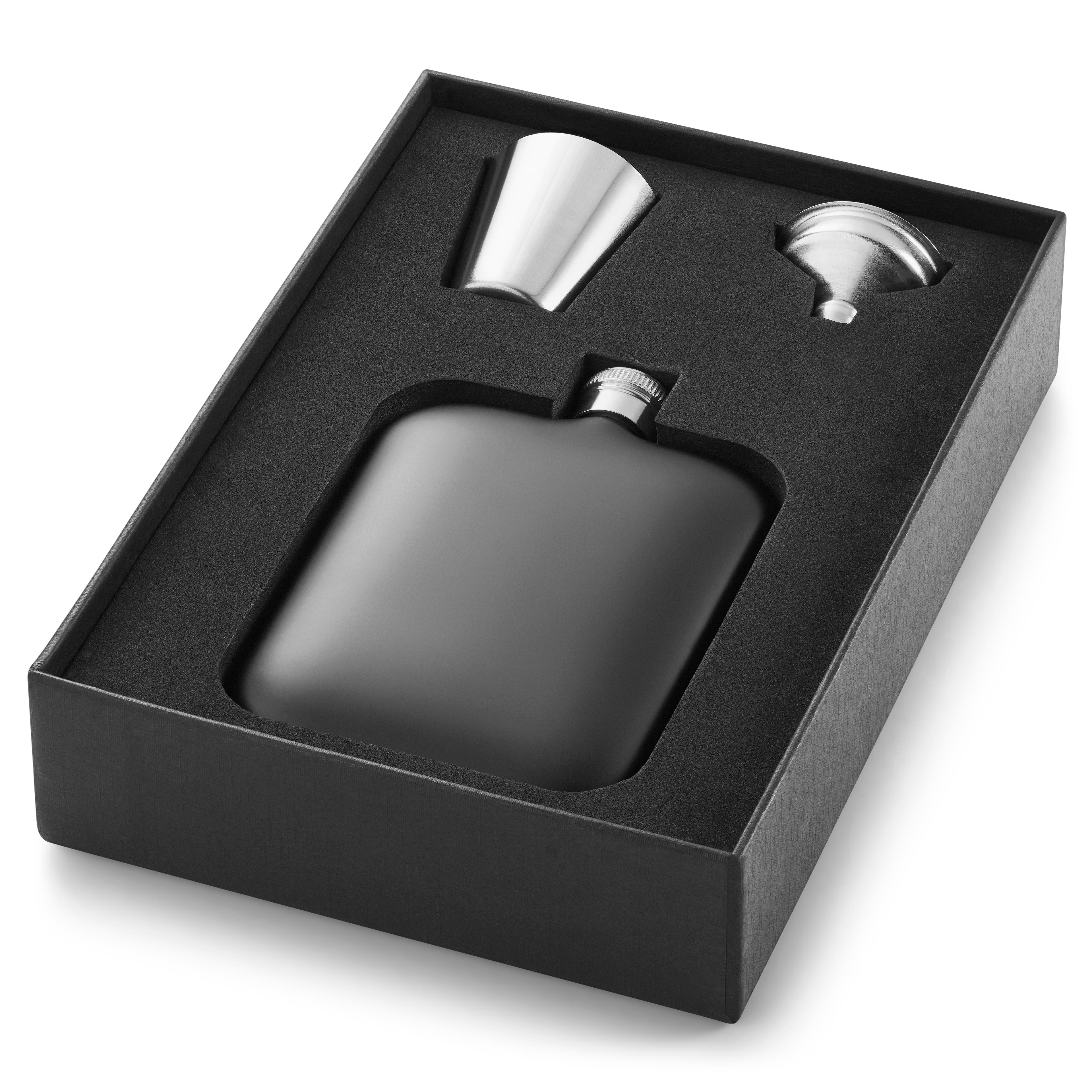 Black Stainless Steel Hip Flask and Shot Glass Set