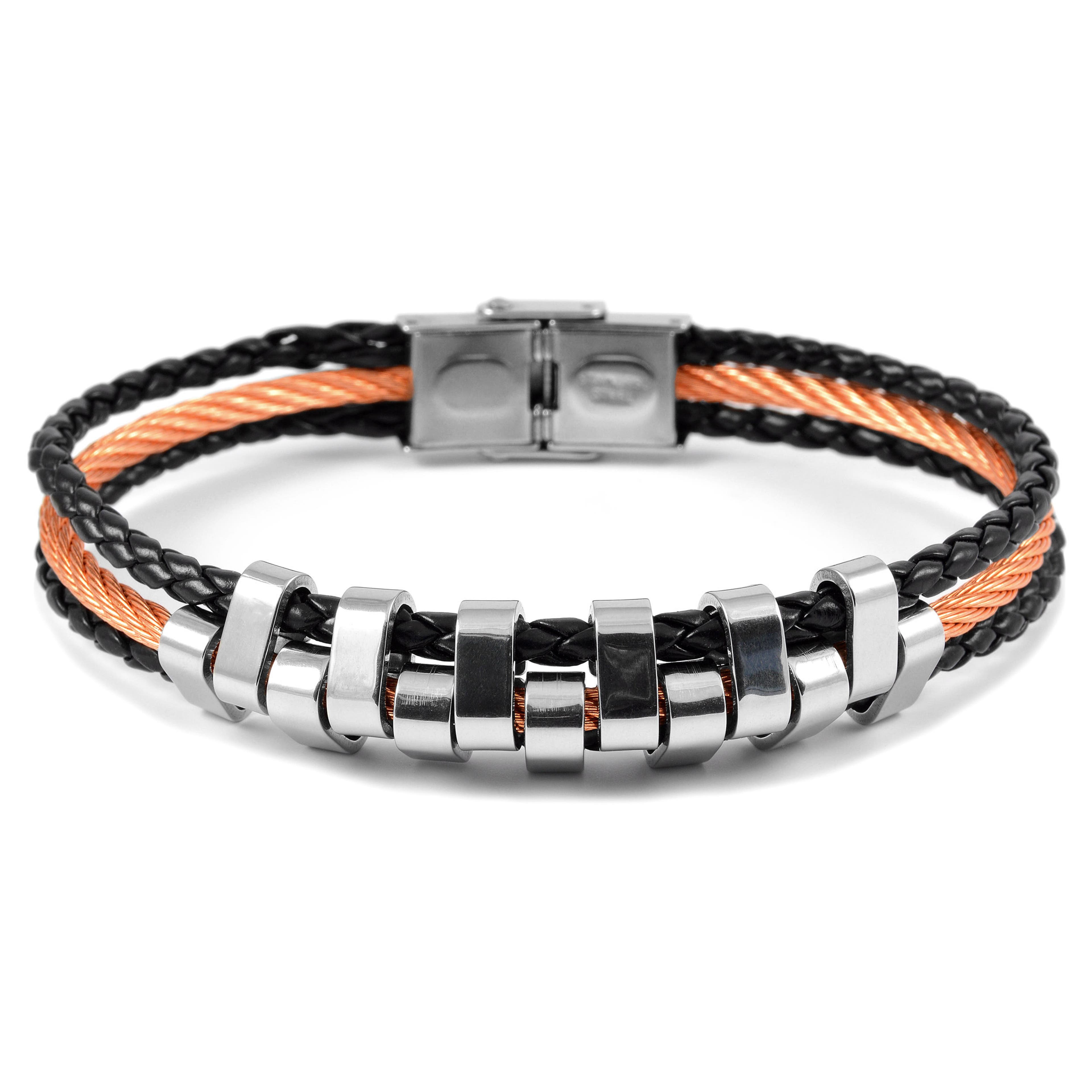 Black Leather Rope & Orange Wire Bracelet