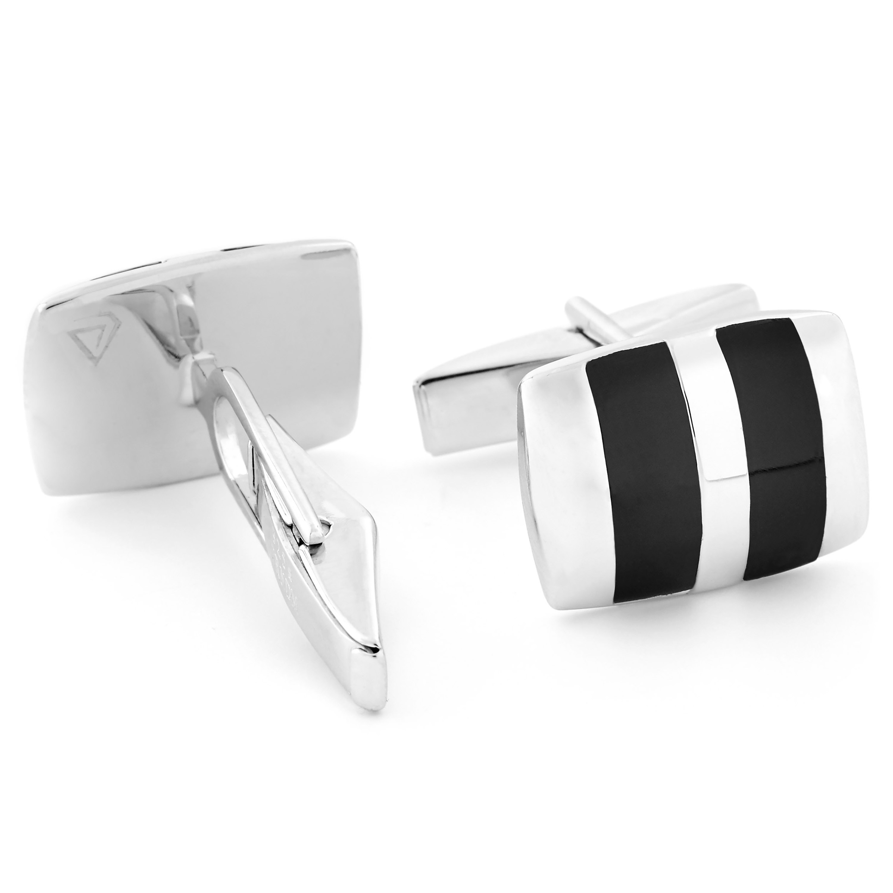 Svart Rektangel 925s Silver Manschettknappar - 3