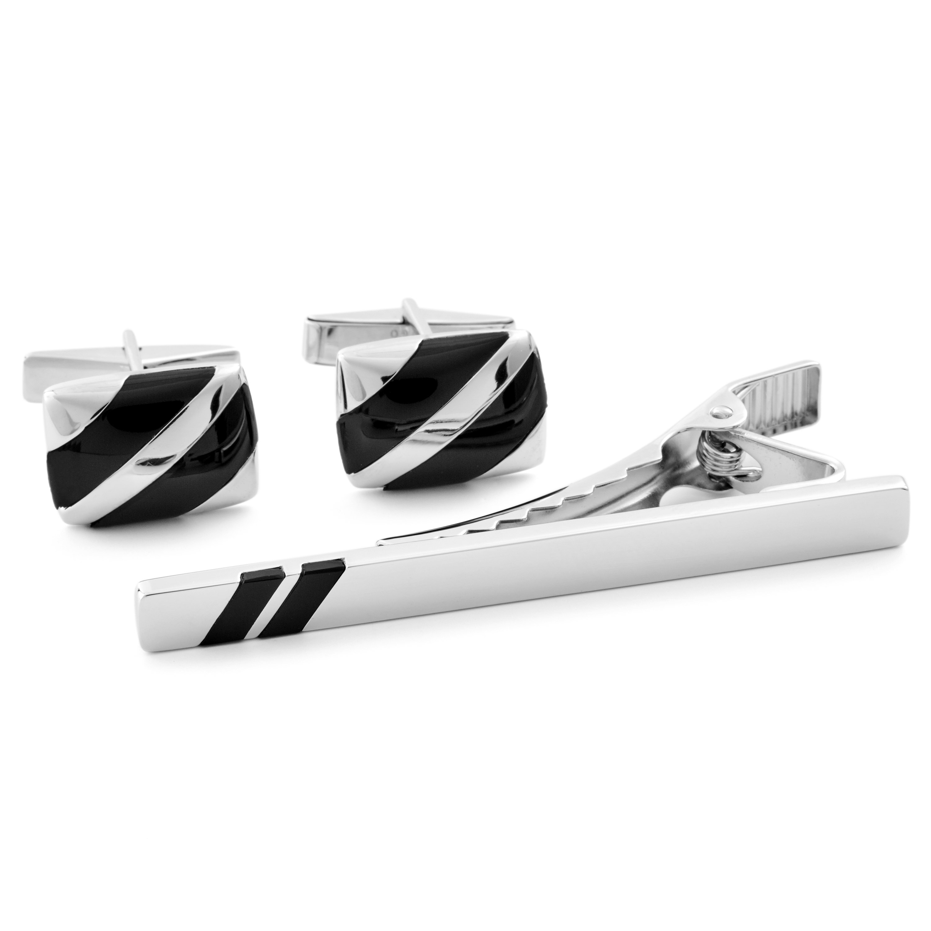 Diagonally Striped 925s Silver Cufflinks and Tie Clip Set - 1