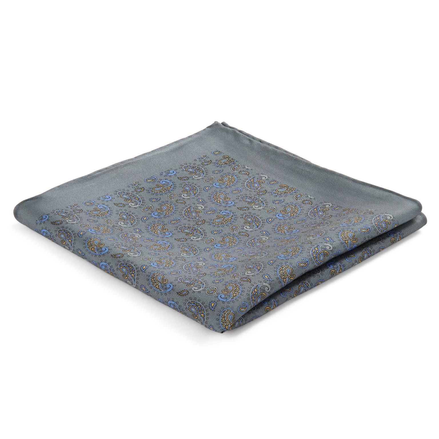 Boho | Grey, Yellow & Blue Paisley Pattern Silk Pocket Square Boho | Grey, Yellow & Blue Paisley Pattern Silk Pocket Square