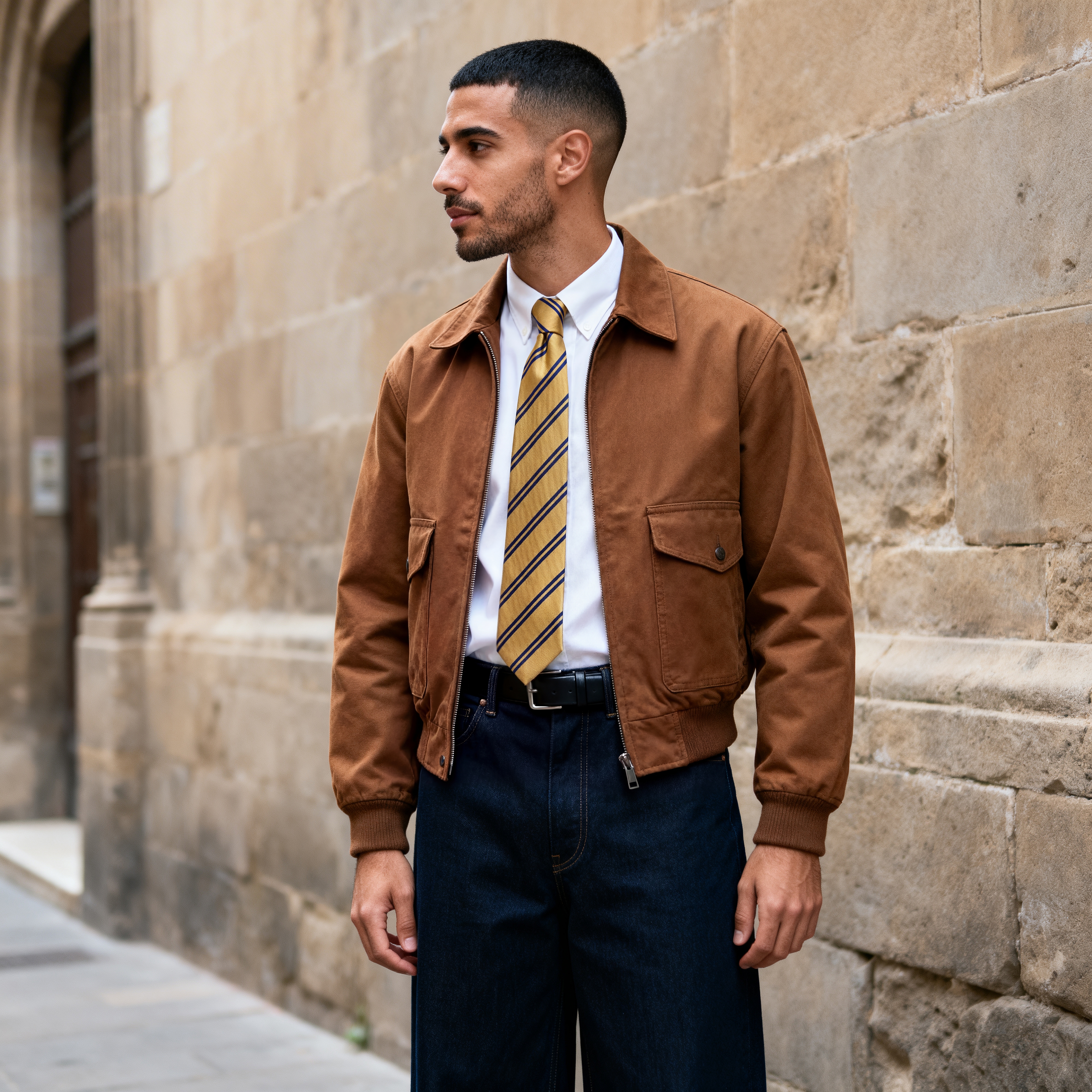 Tamsiai mėlynas su dvigubomis auksinėmis juostomis šilkinis kaklaraištis, 8 cm - 3