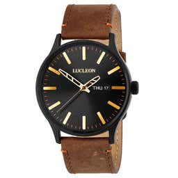 Grover | Black Day-Date Watch With Black Dial & Brown Leather Strap