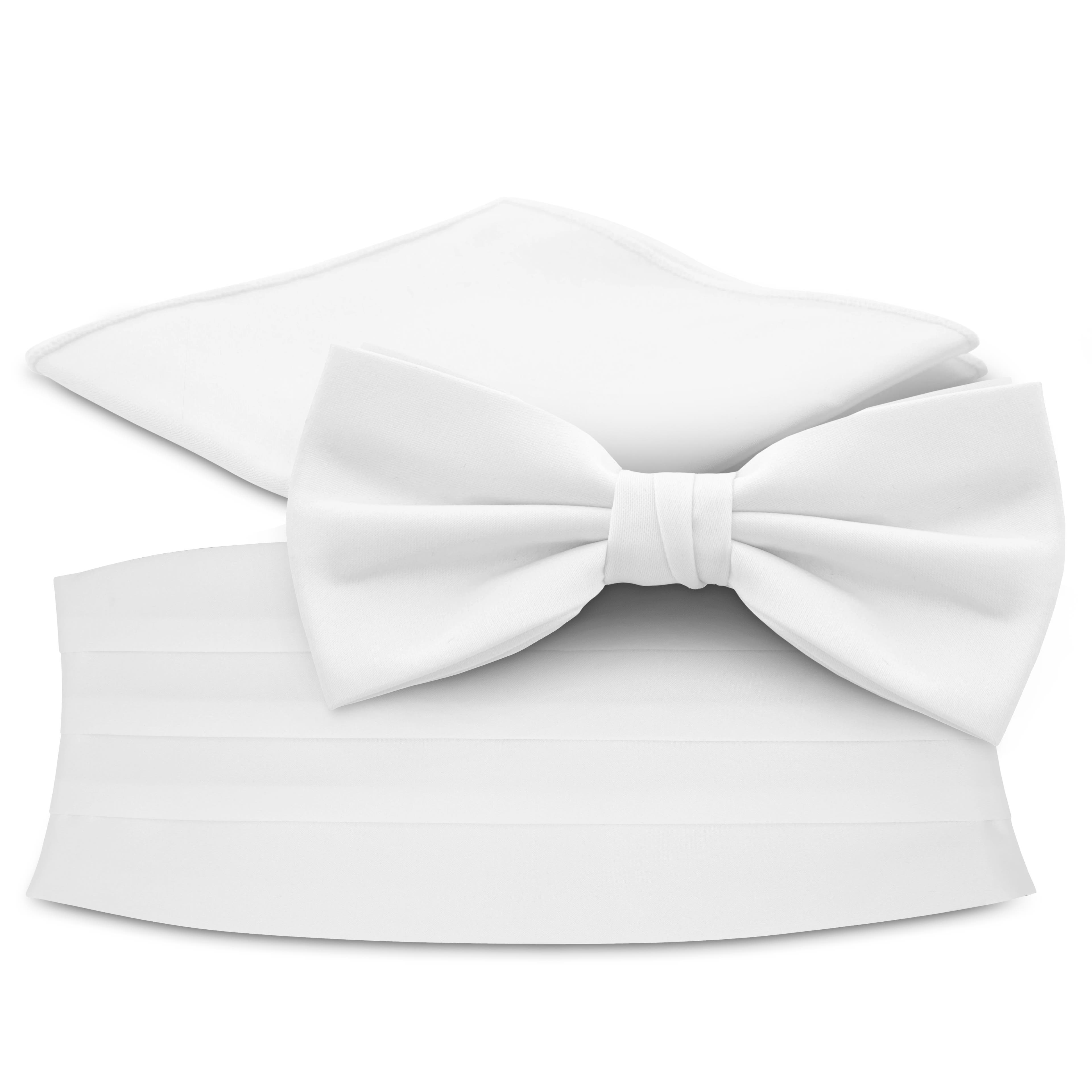 Бял комплект от предварително завързана папийонка, кърпичка за сако и пояс