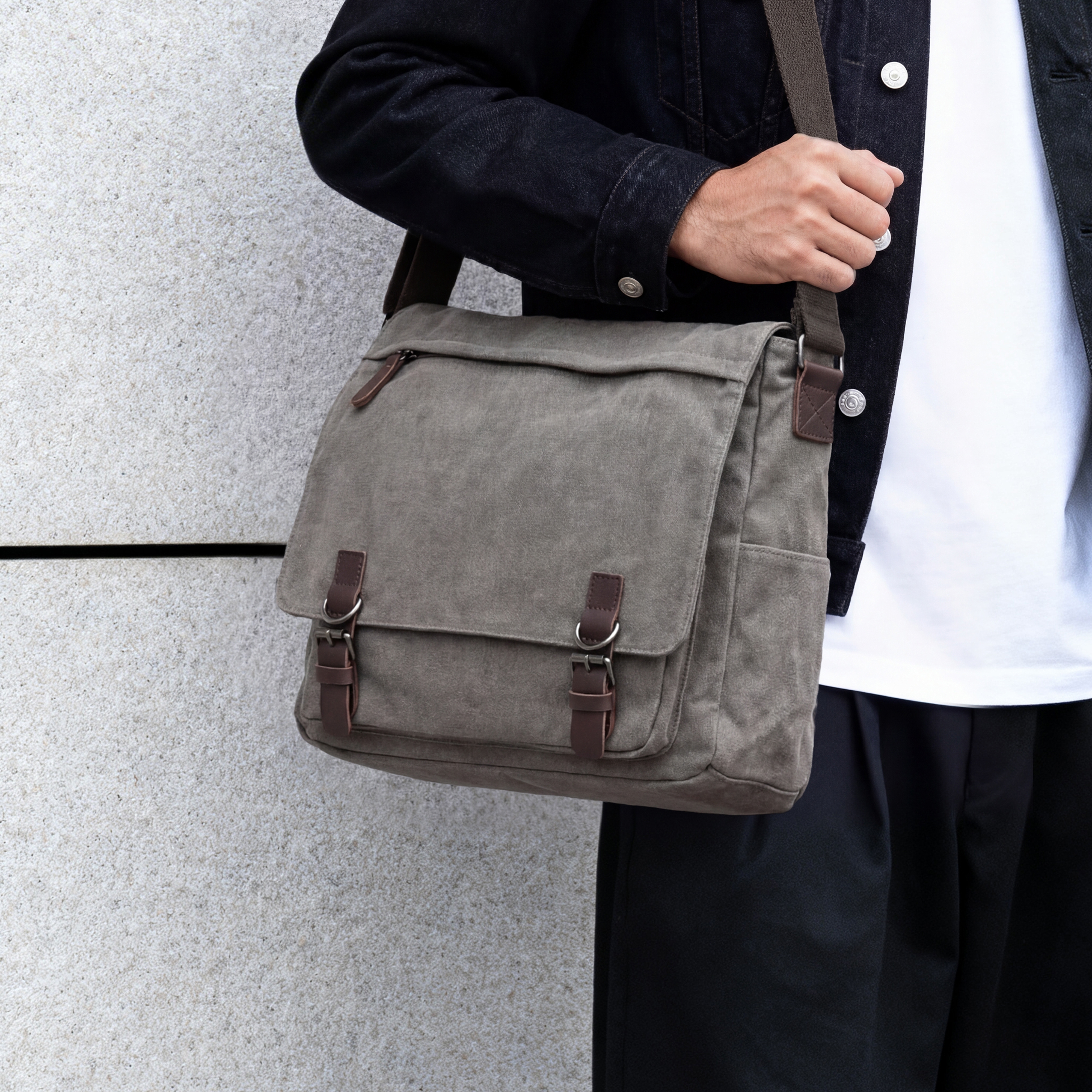 Metallic Grey Canvas Messenger Bag - 4
