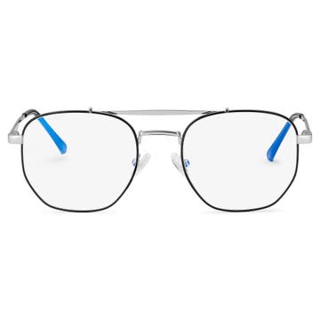 Ocelové a černé obdélníkové brýle Aviator s čirými čočkami blokujícími modré světlo 