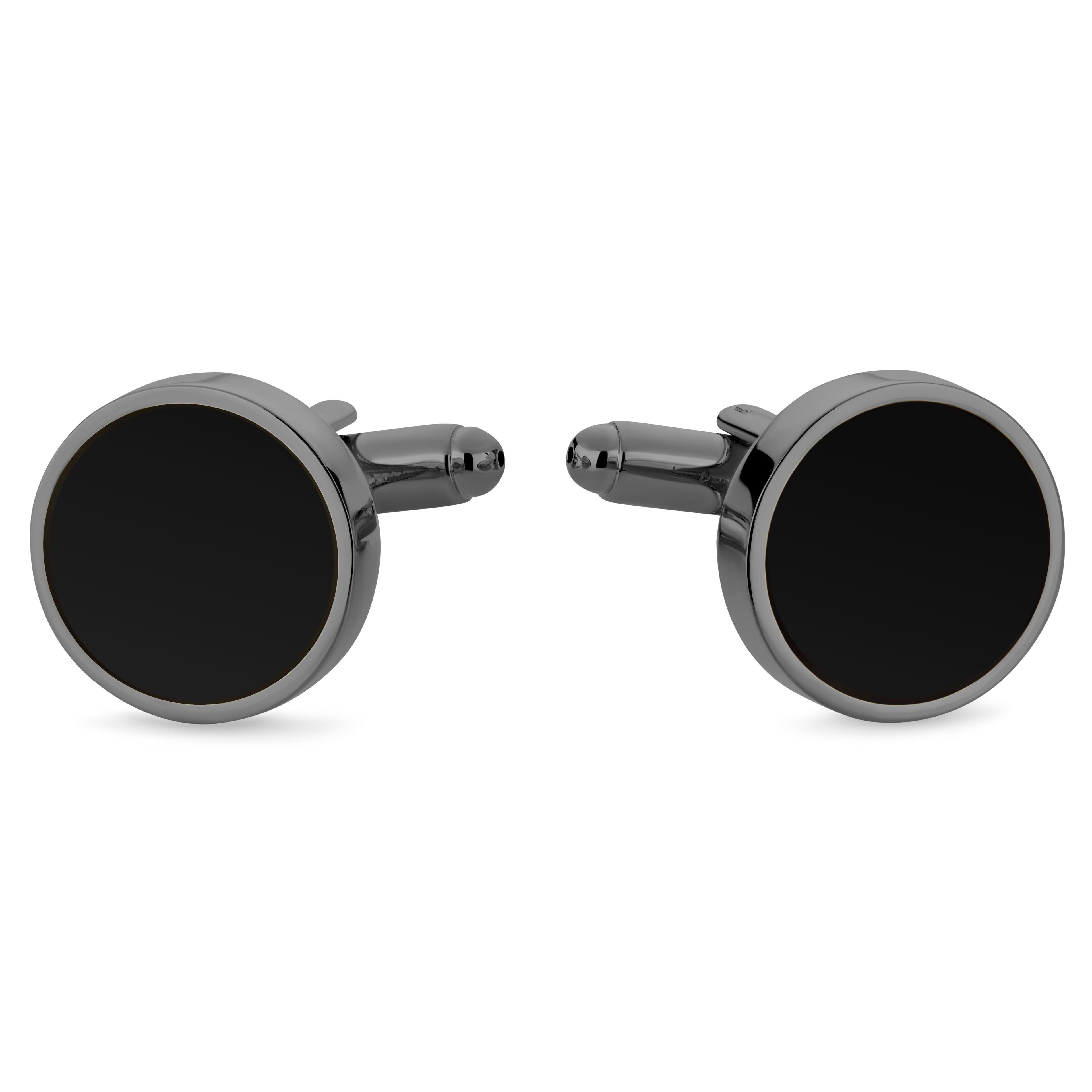 Round Gunmetal Black Cufflinks with Onyx Inlay Round Gunmetal Black Cufflinks with Onyx Inlay