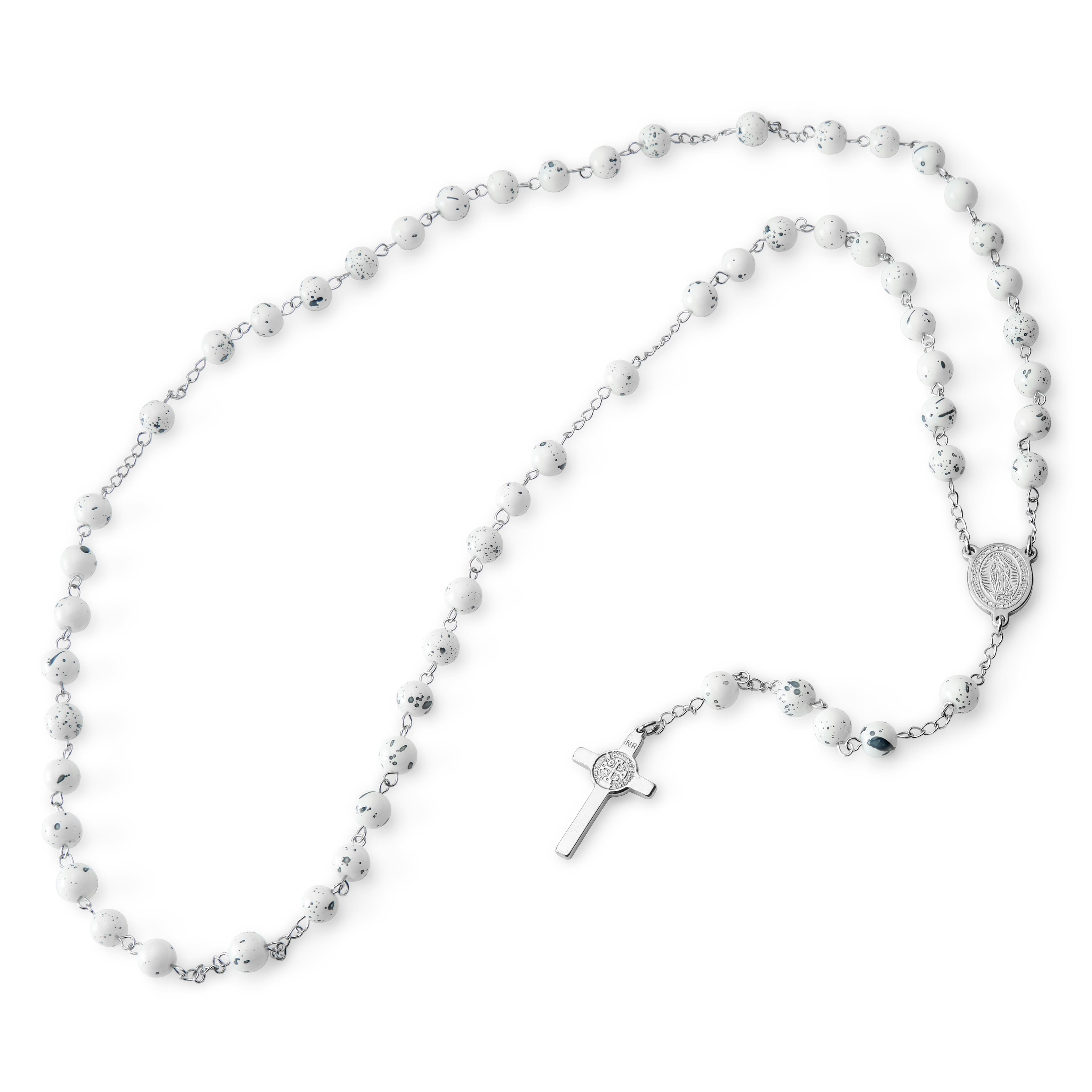 Silver-Tone & White Rosary With Silver-Tone Our Lady Of Guadalupe & Cross Beads Necklace