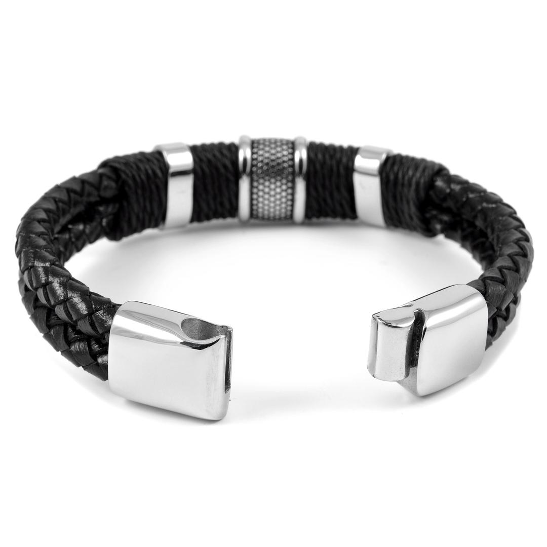 Pulsera Hombre TEMPUS FUGIT - Piel Y Acero Inoxidable Antialérgico, Ajustable, 22 Cm